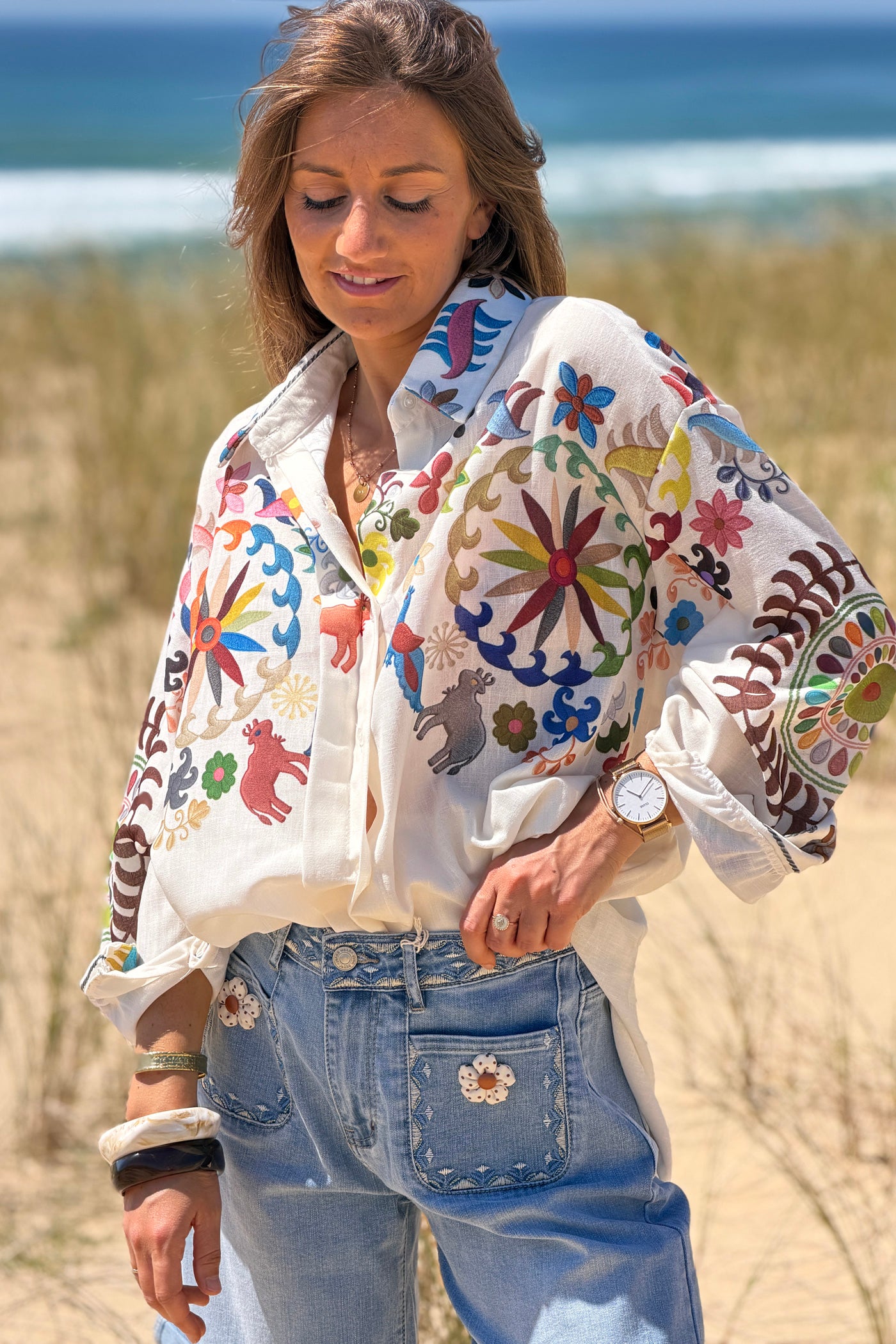 White Folk Art Animal Parade Button-Down Blouse
