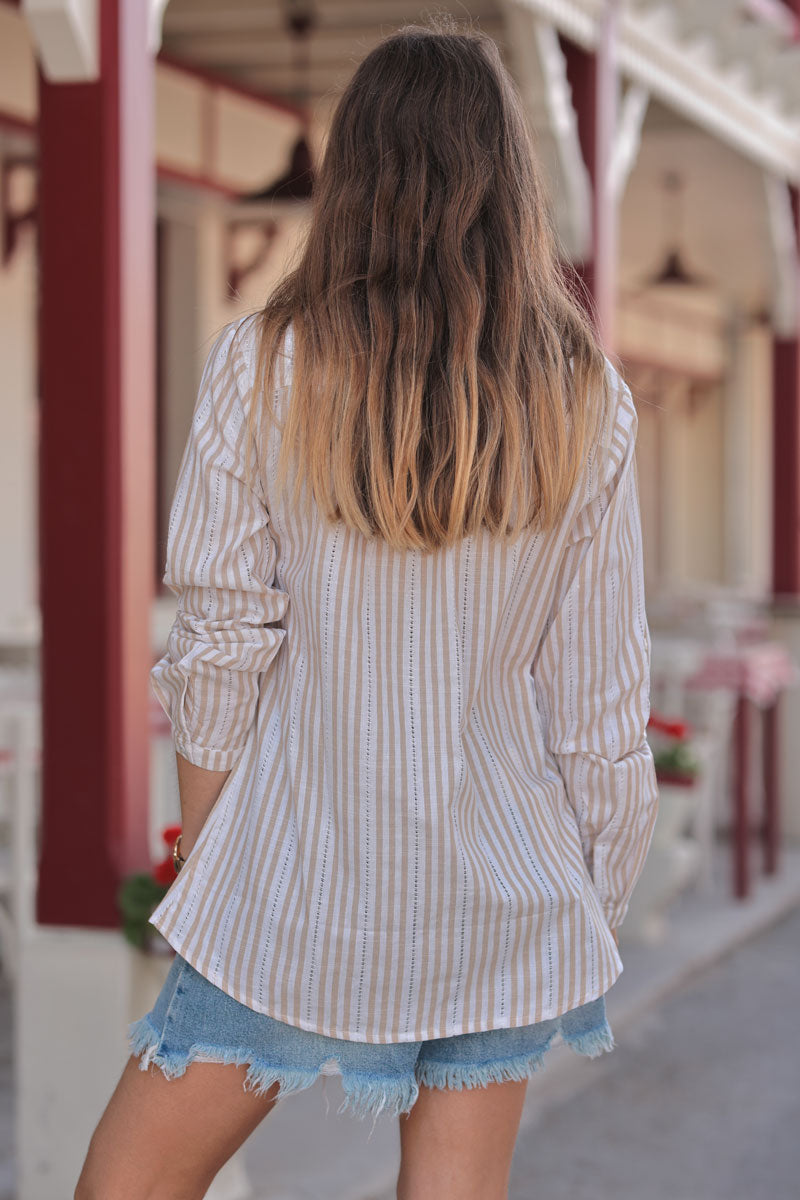 Taupe Vertical Stripe Eyelet Blouse
