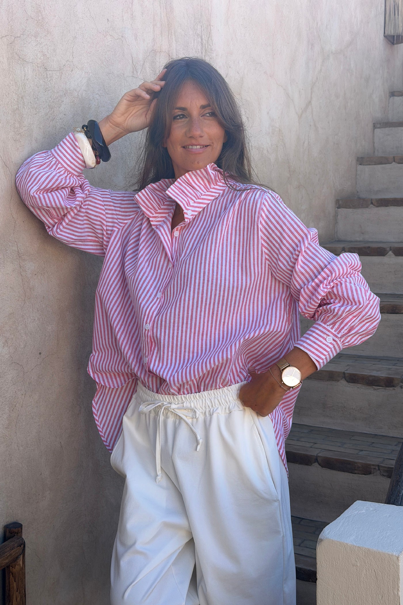 Pink Pinstripe Ruffle Collar Blouse
