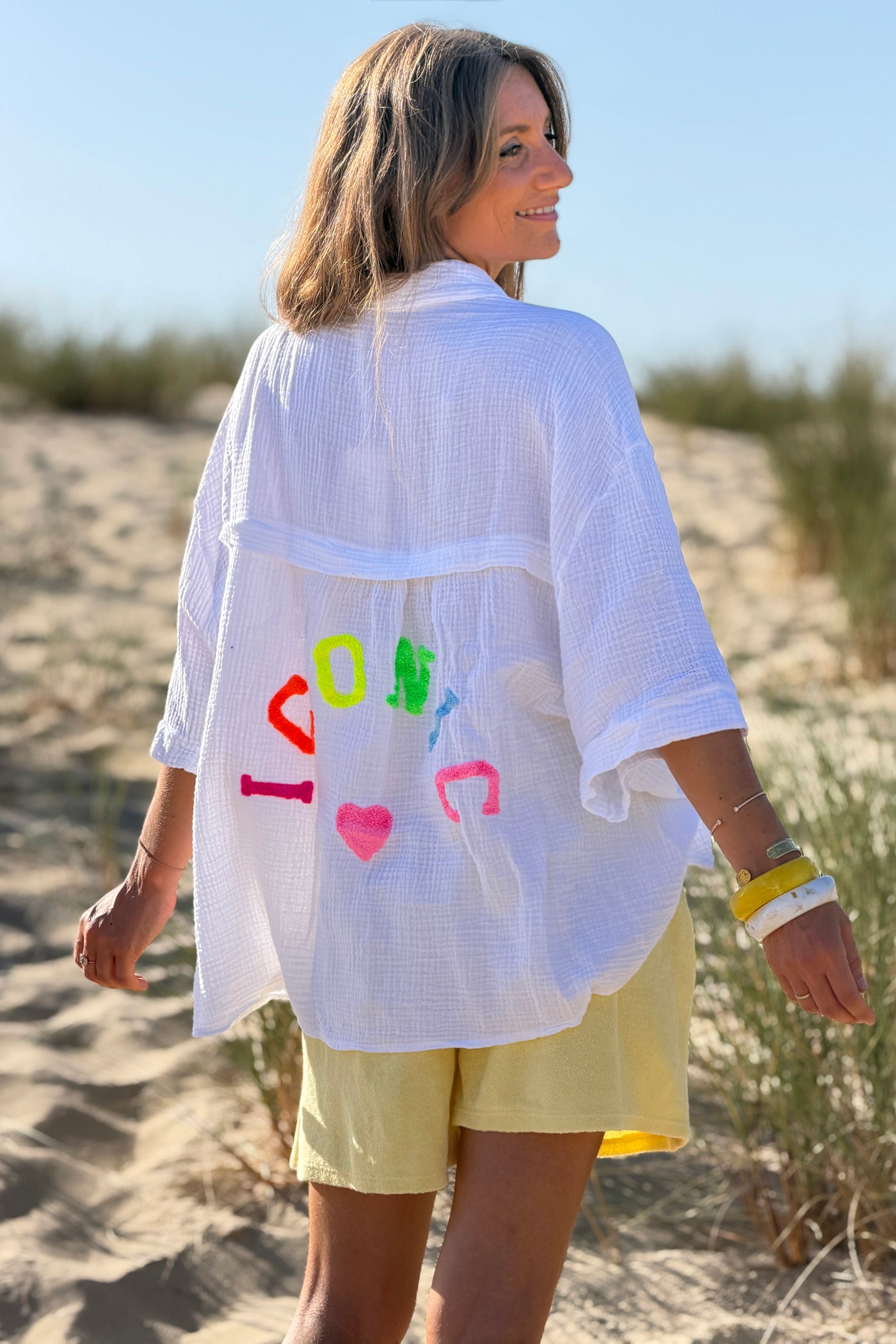 White “ICONIC” Crinkle Gauze Button-Down Top
