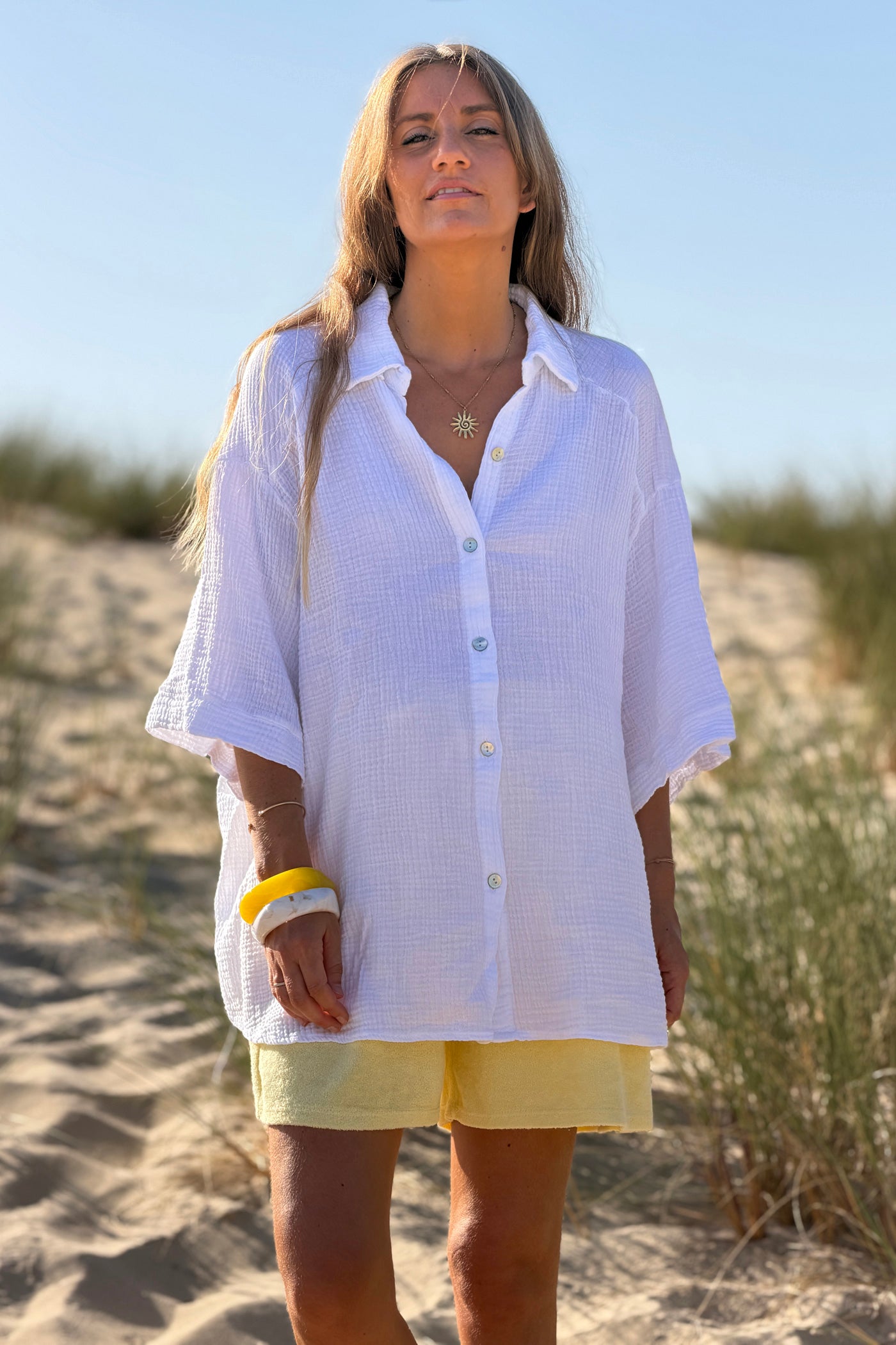 White “ICONIC” Crinkle Gauze Button-Down Top
