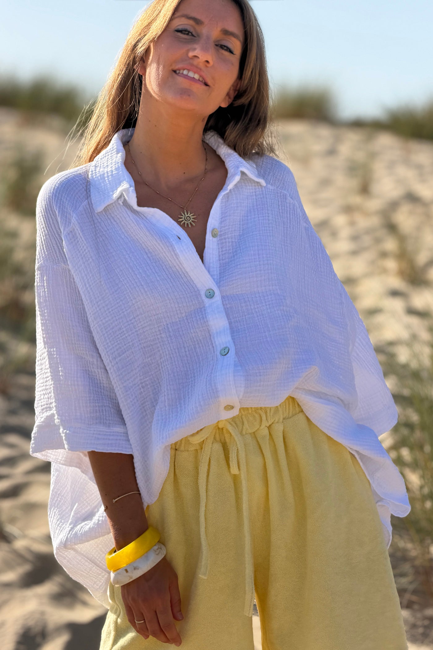 White “ICONIC” Crinkle Gauze Button-Down Top
