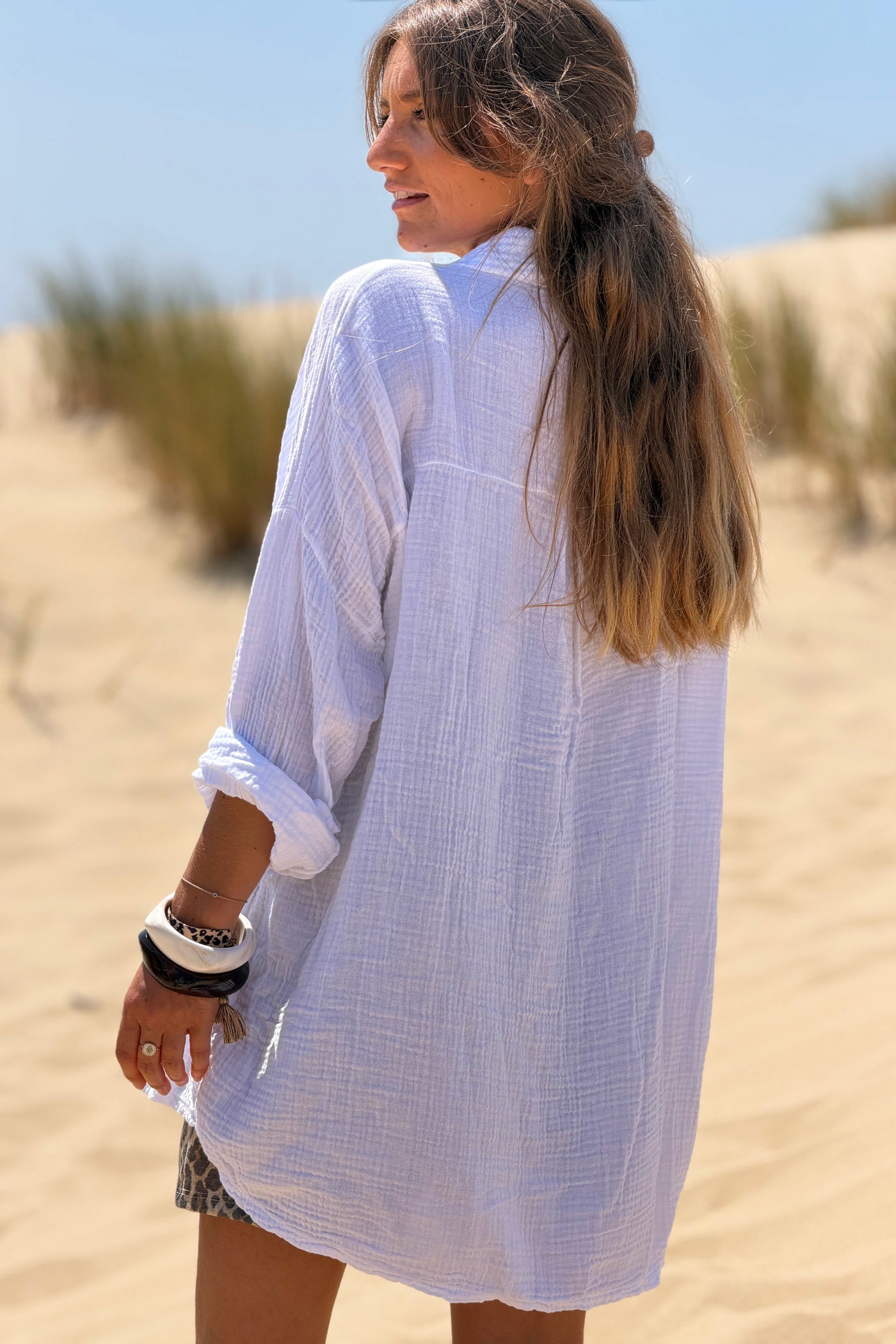 White Crinkle Gauze Button-Down Beach Shirt