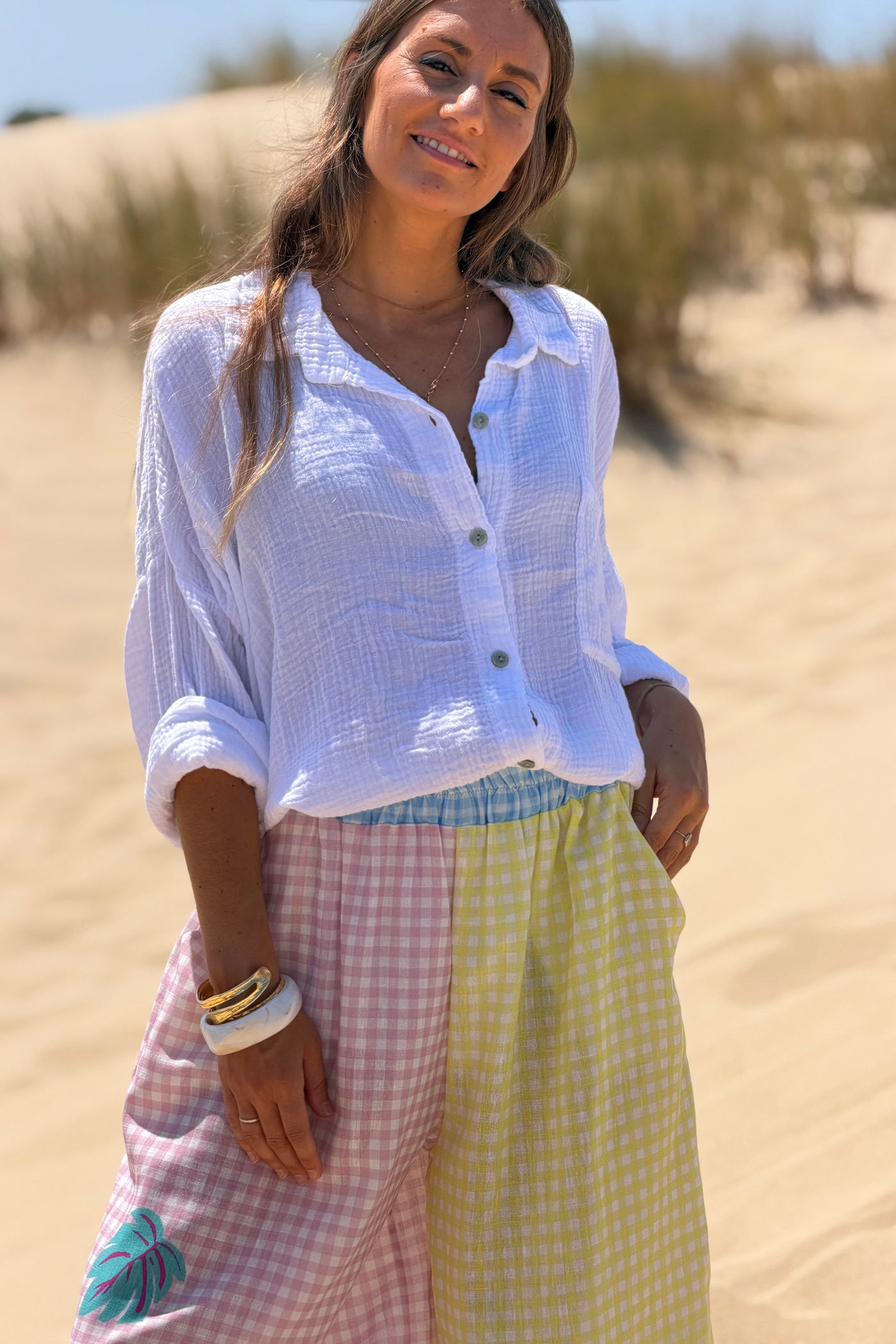 White Crinkle Gauze Button-Down Beach Shirt