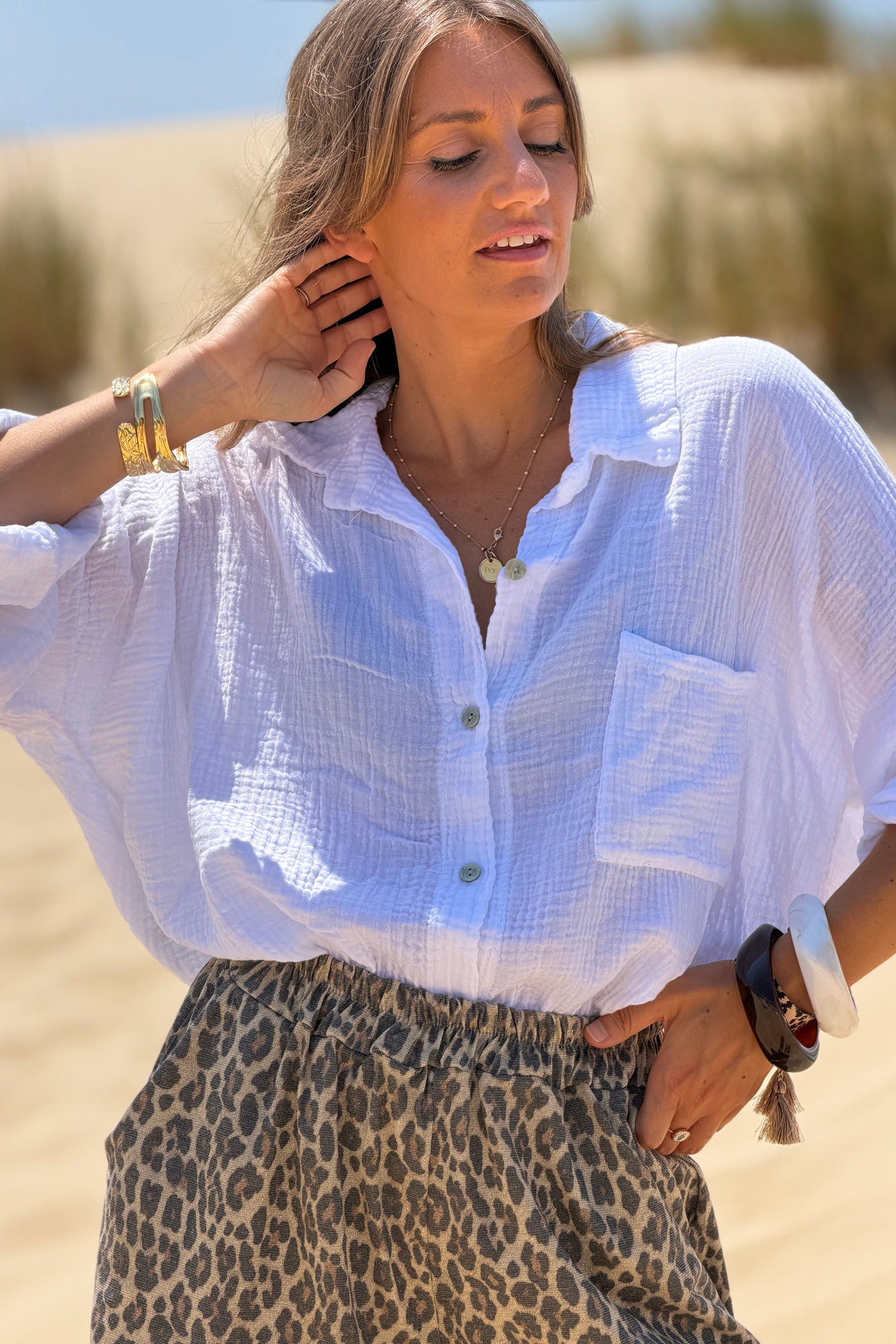 White Crinkle Gauze Button-Down Beach Shirt