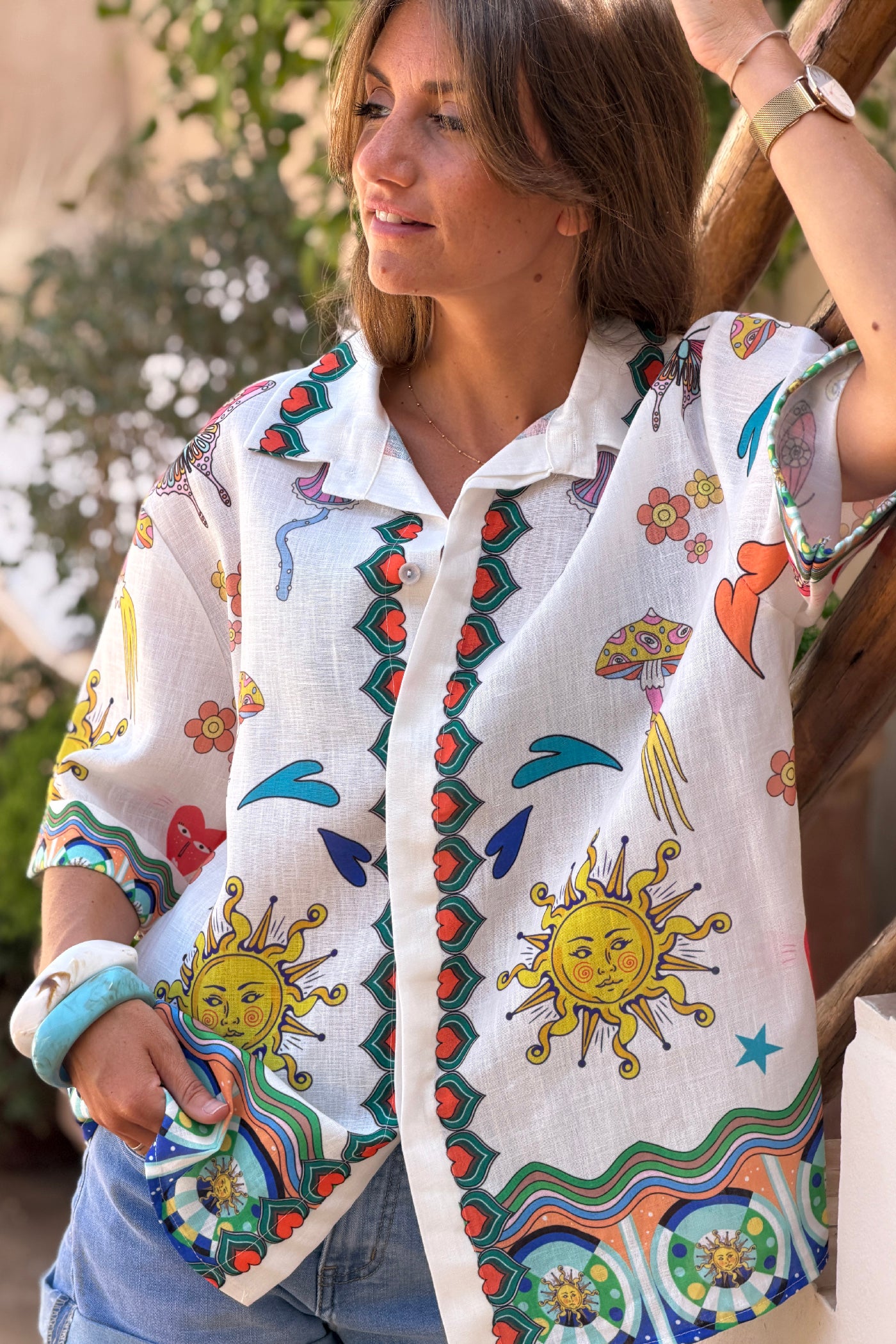 White Psychedelic Sun Button-Down Blouse