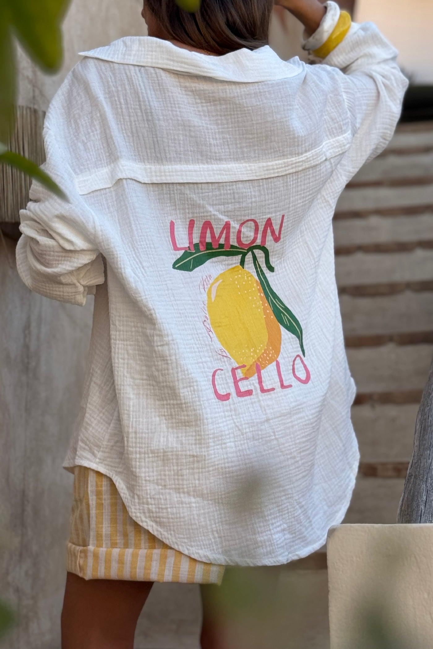 White “Limoncello” Cotton Gauze Button-Down Top