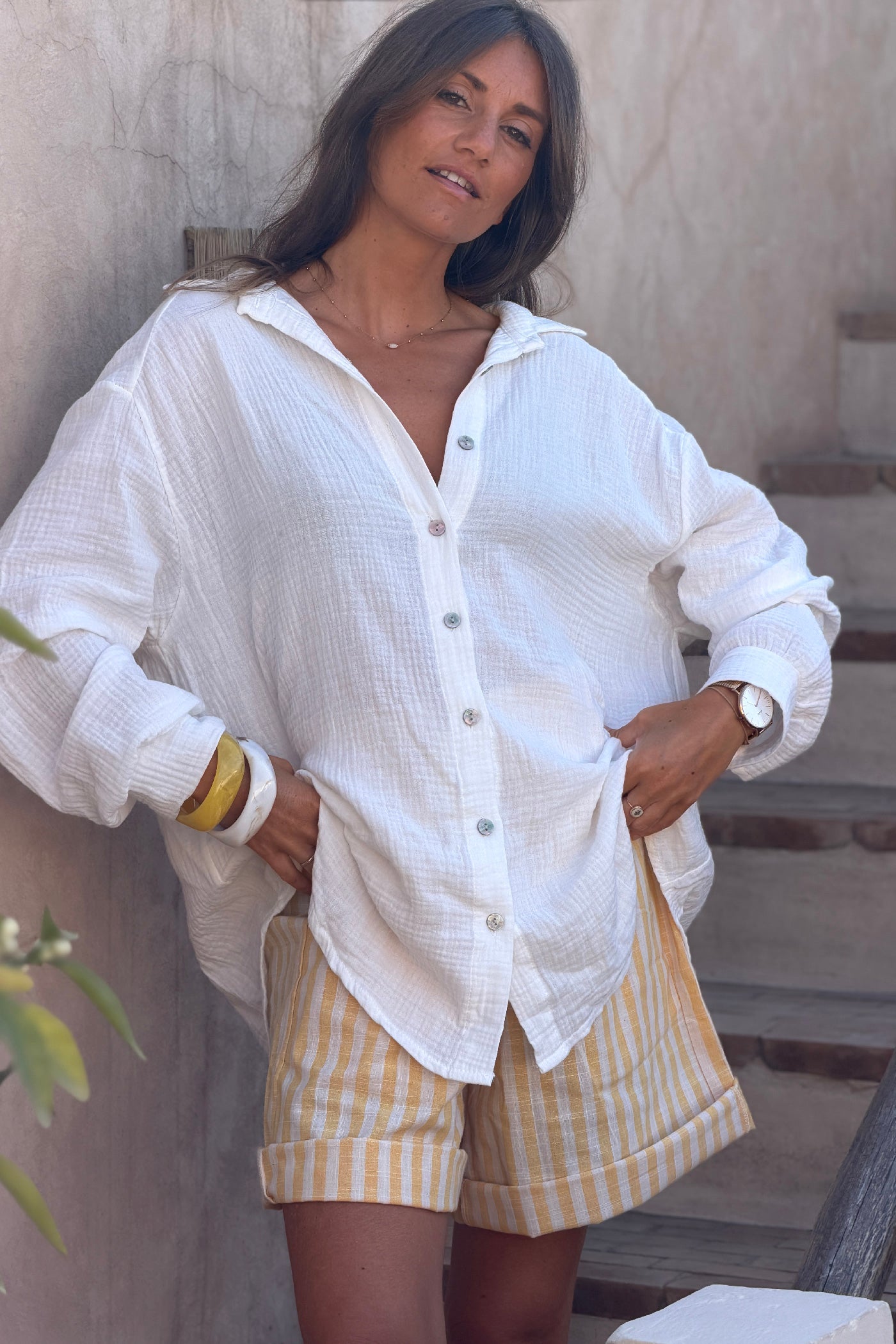 White “Limoncello” Cotton Gauze Button-Down Top