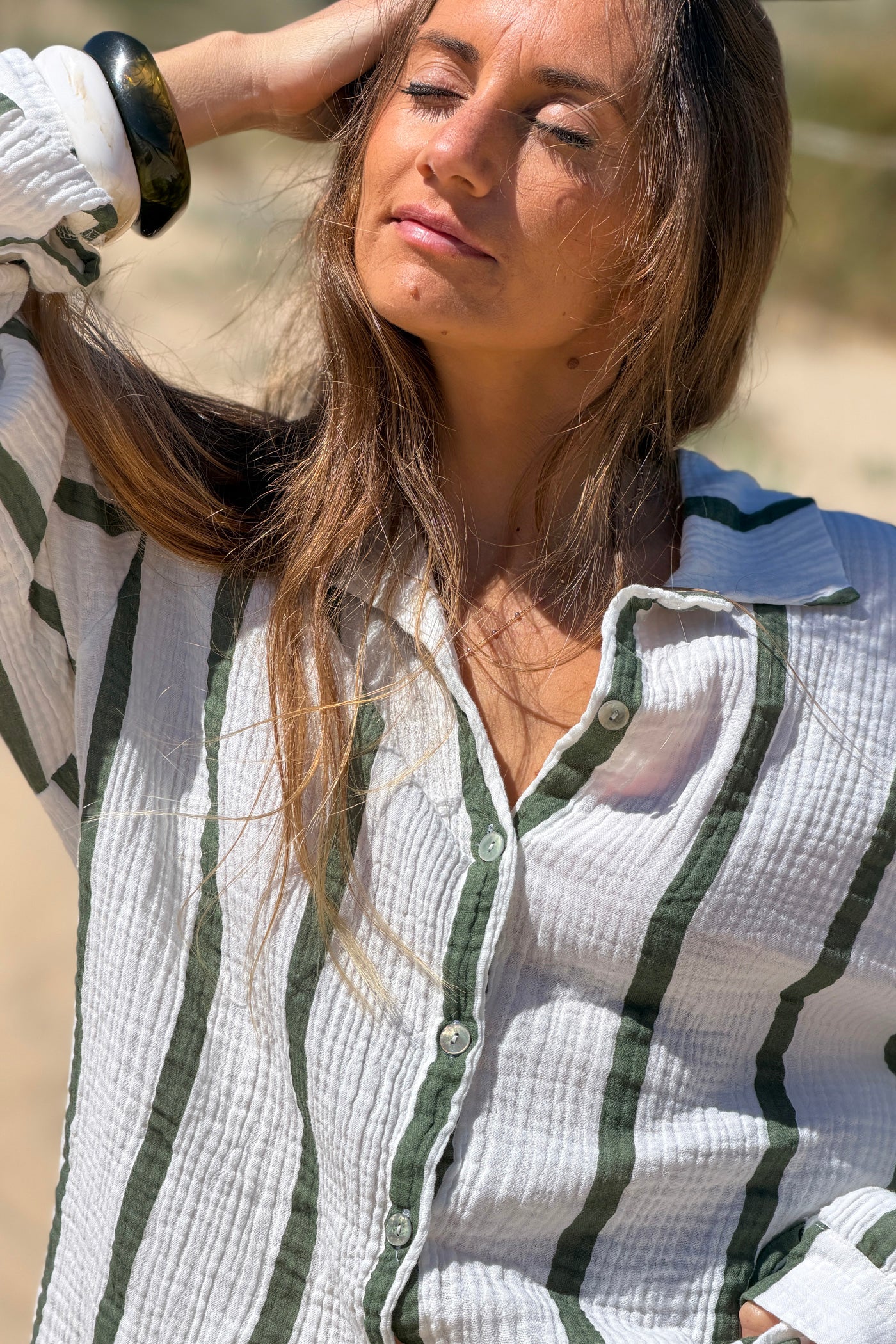 Olive Stripe Gauze Button-Down Shirt