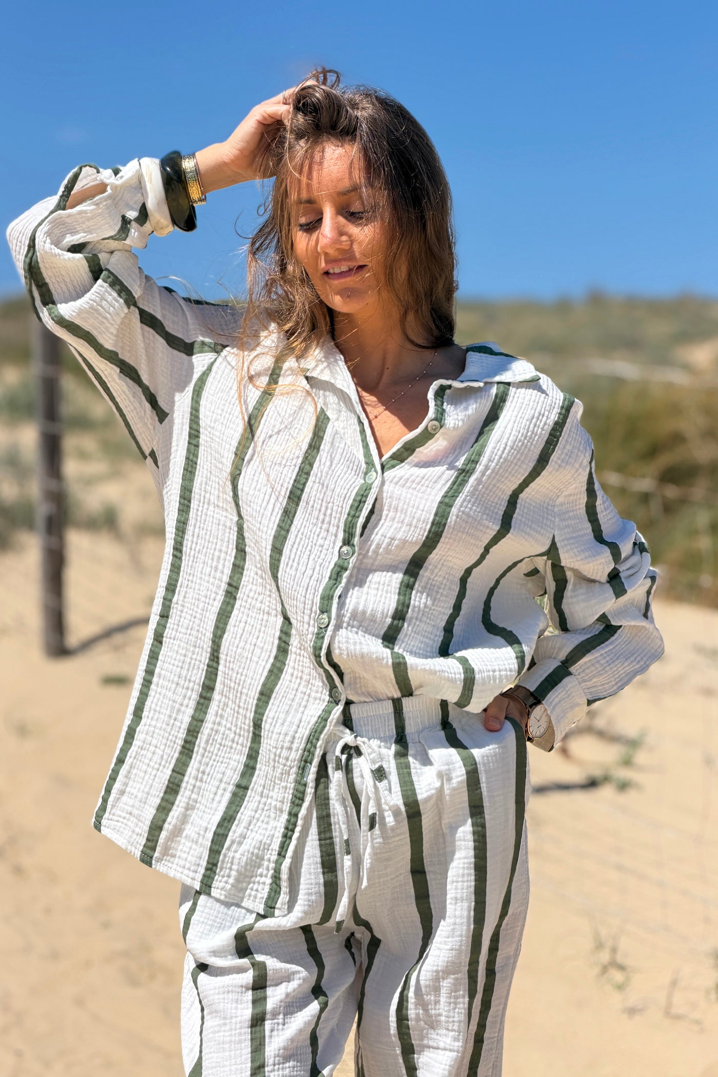 Olive Stripe Gauze Button-Down Shirt