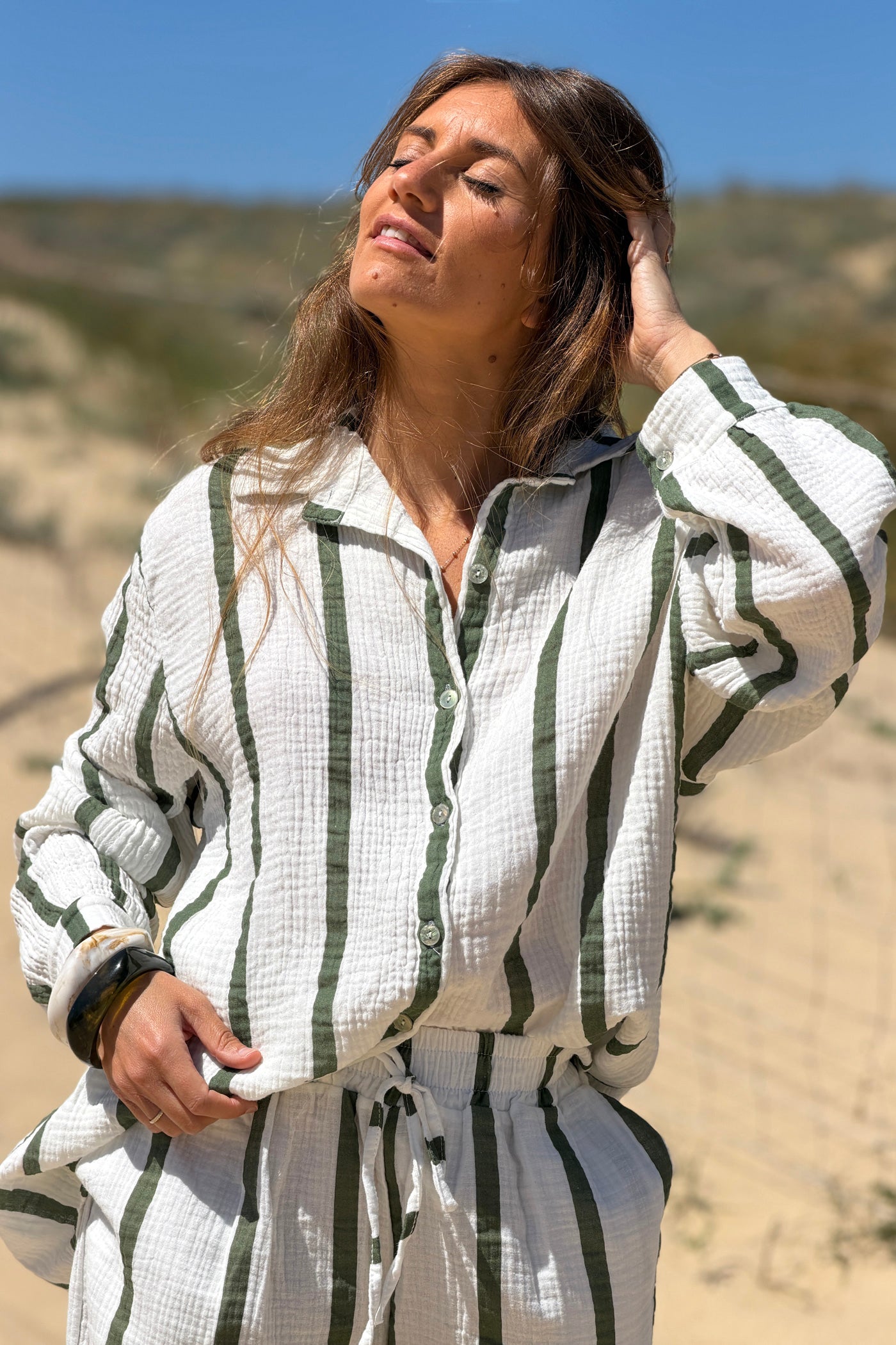 Olive Stripe Gauze Button-Down Shirt