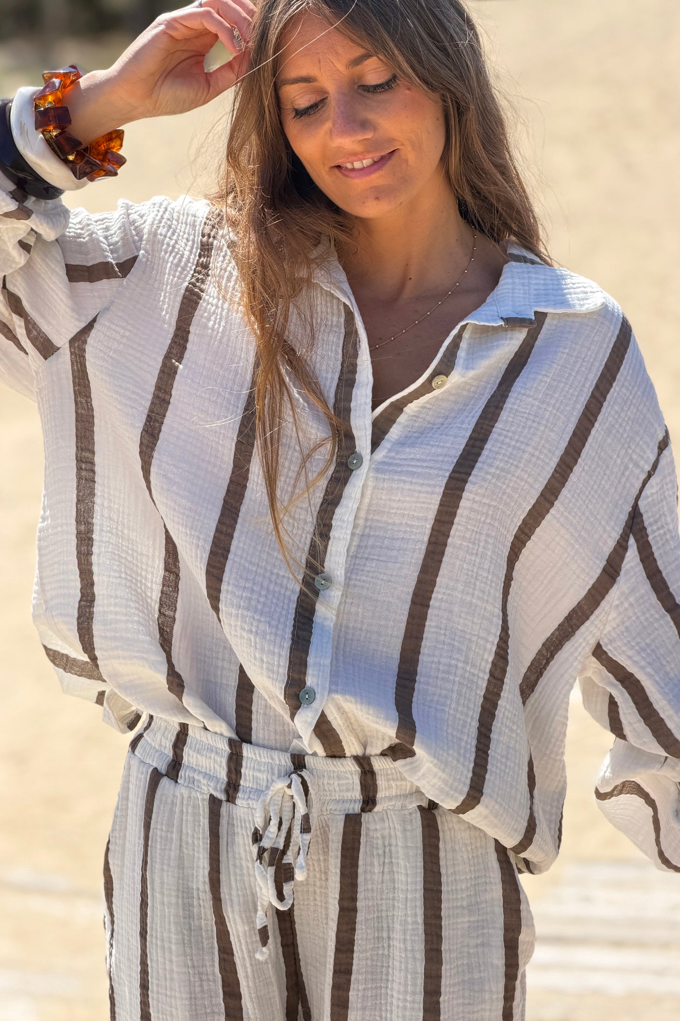 Cafe Brown Stripe Gauze Button-Down Shirt