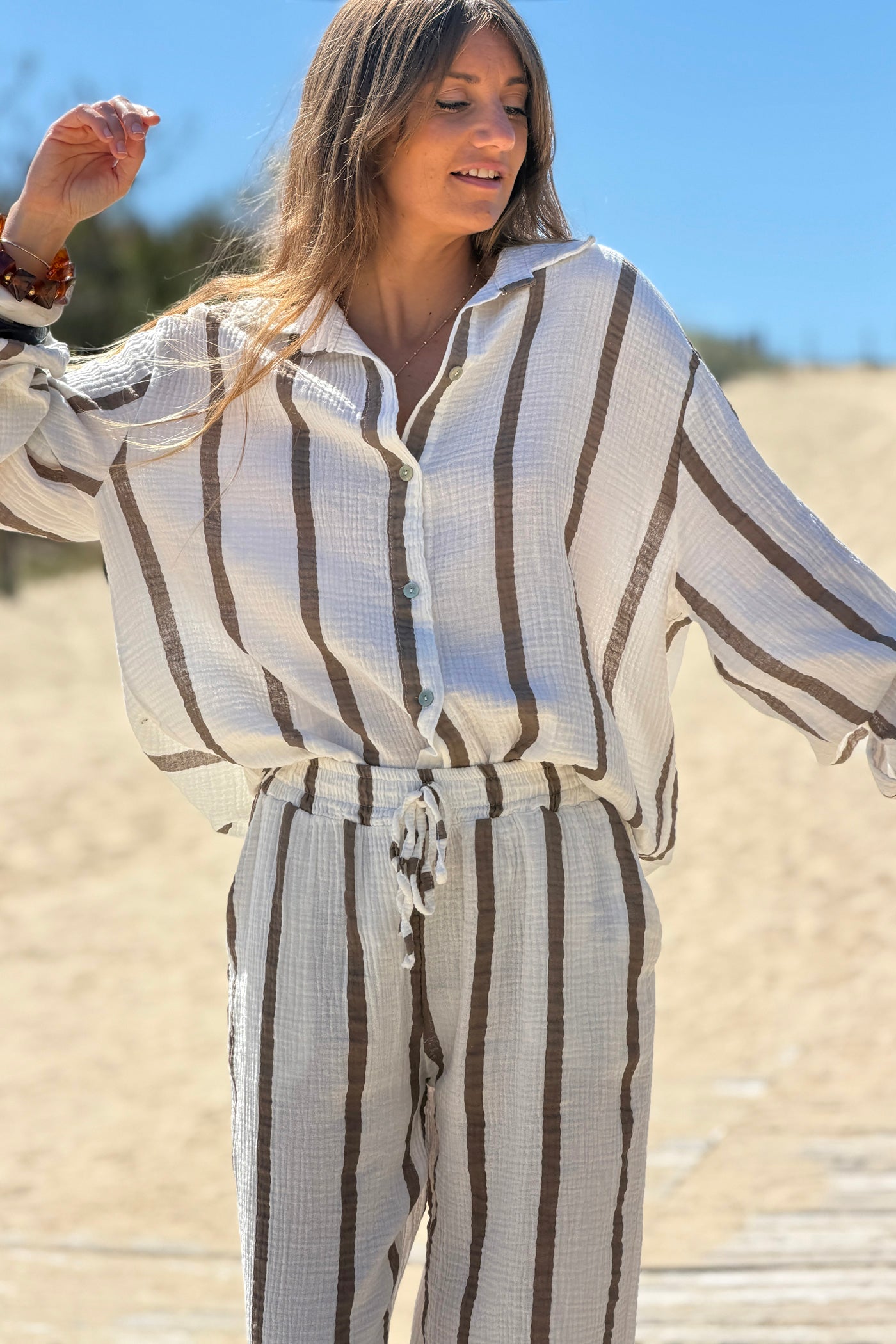 Cafe Brown Stripe Gauze Button-Down Shirt