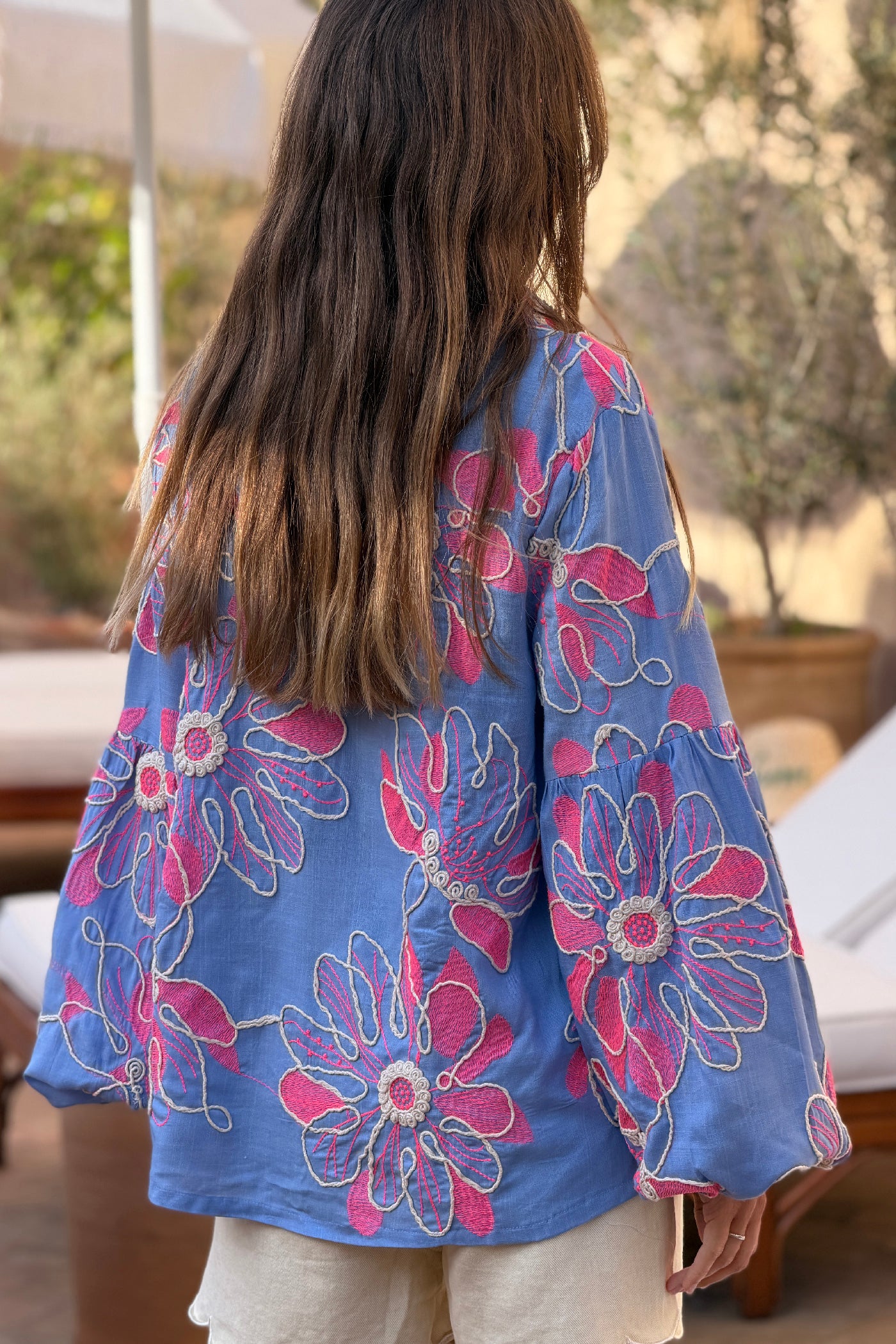 Chambray Floral Fantasy Embroidered Blouse