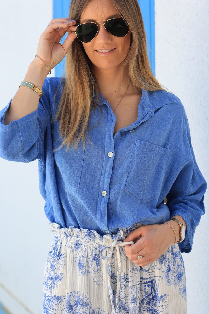 Chemise bleu roi souple en coton manches 3/4 et grandes poches