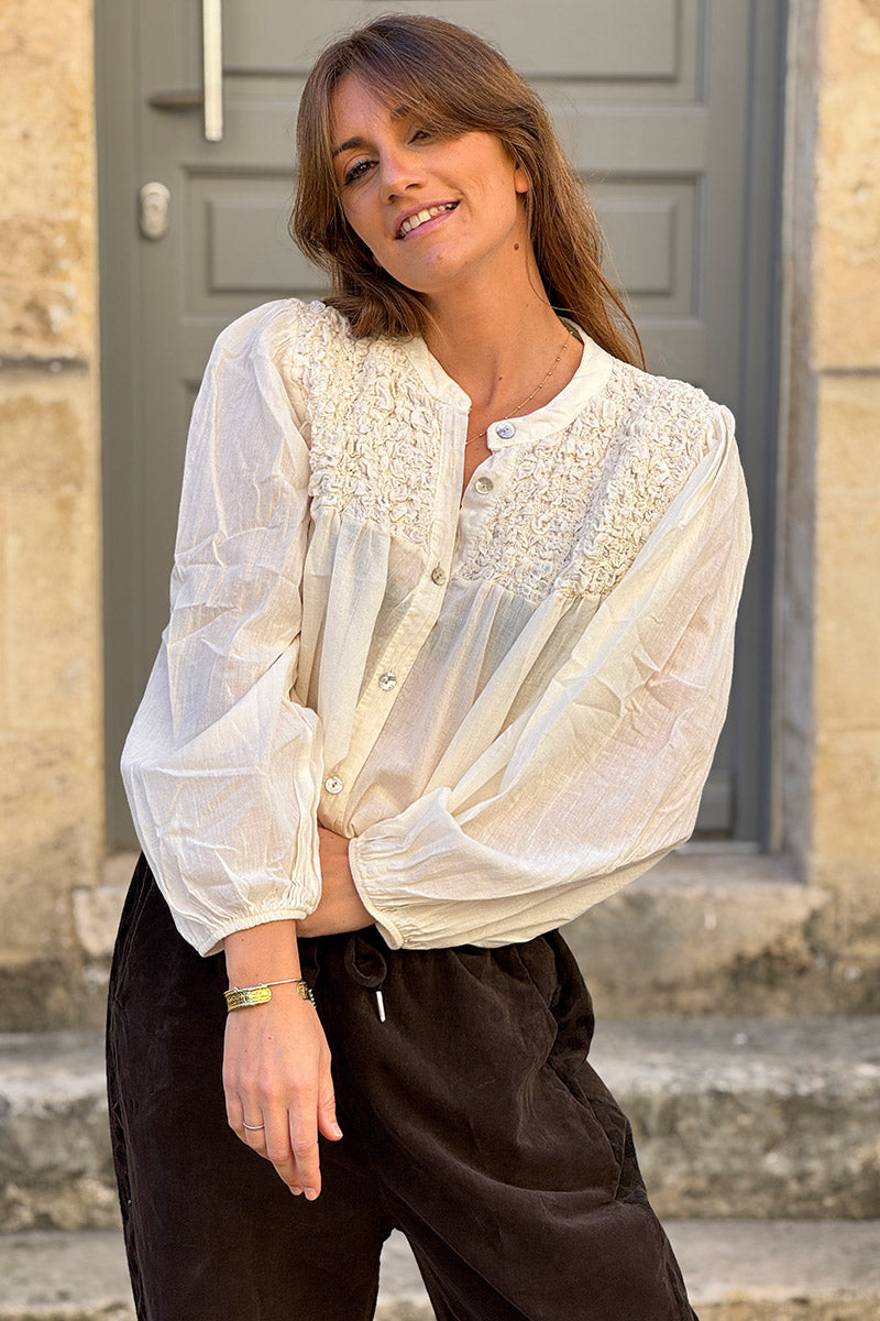 Smocked Cream floaty Blouse with Mother of Pearl buttons