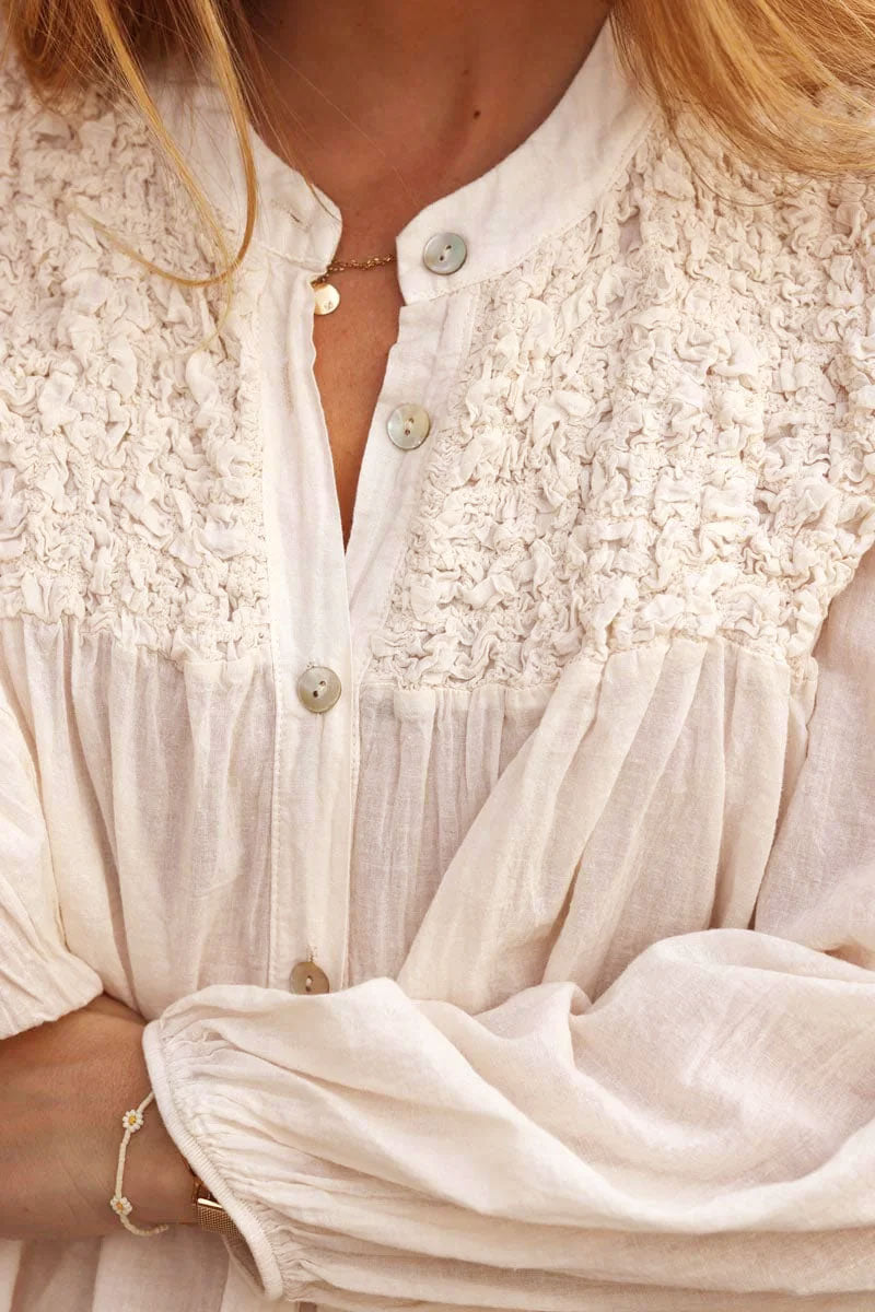 Smocked Ecru floaty Blouse with Mother of Pearl buttons