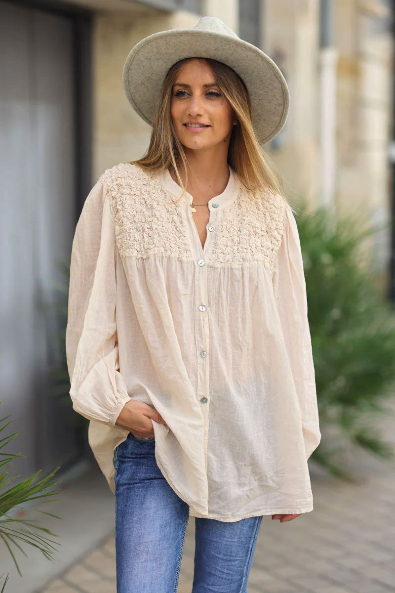 Smocked Ecru floaty Blouse with Mother of Pearl buttons