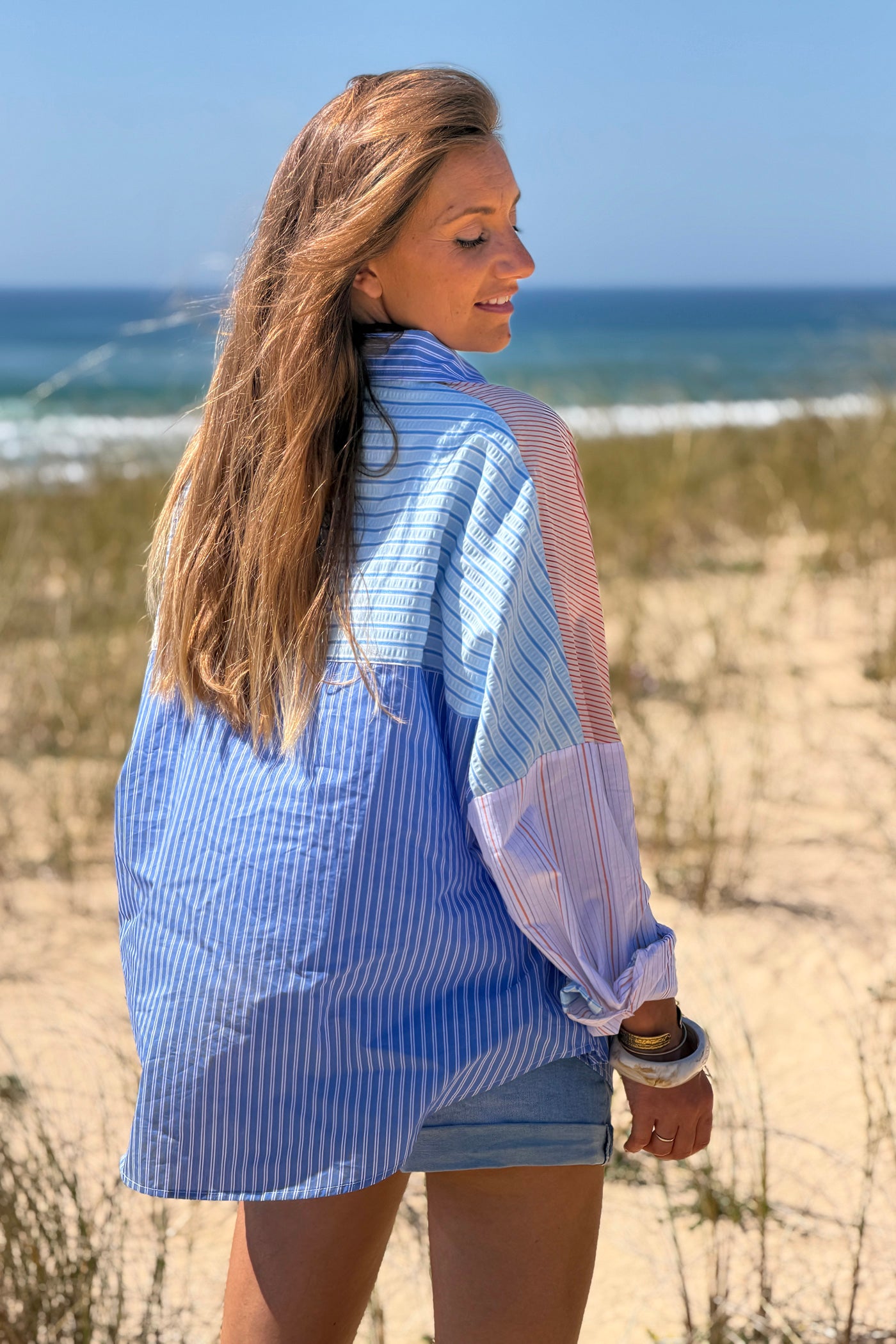 Blue Stripe Patchwork Button-Down Blouse
