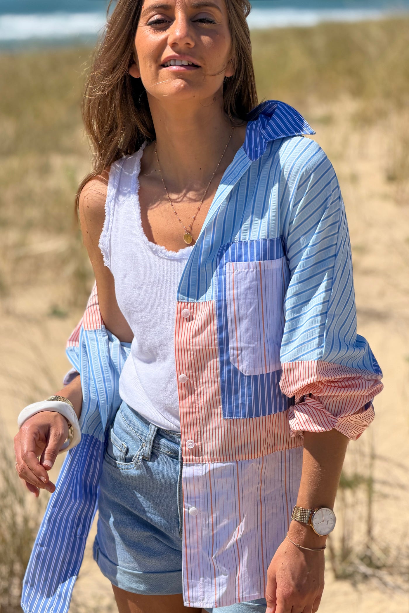 Blue Stripe Patchwork Button-Down Blouse
