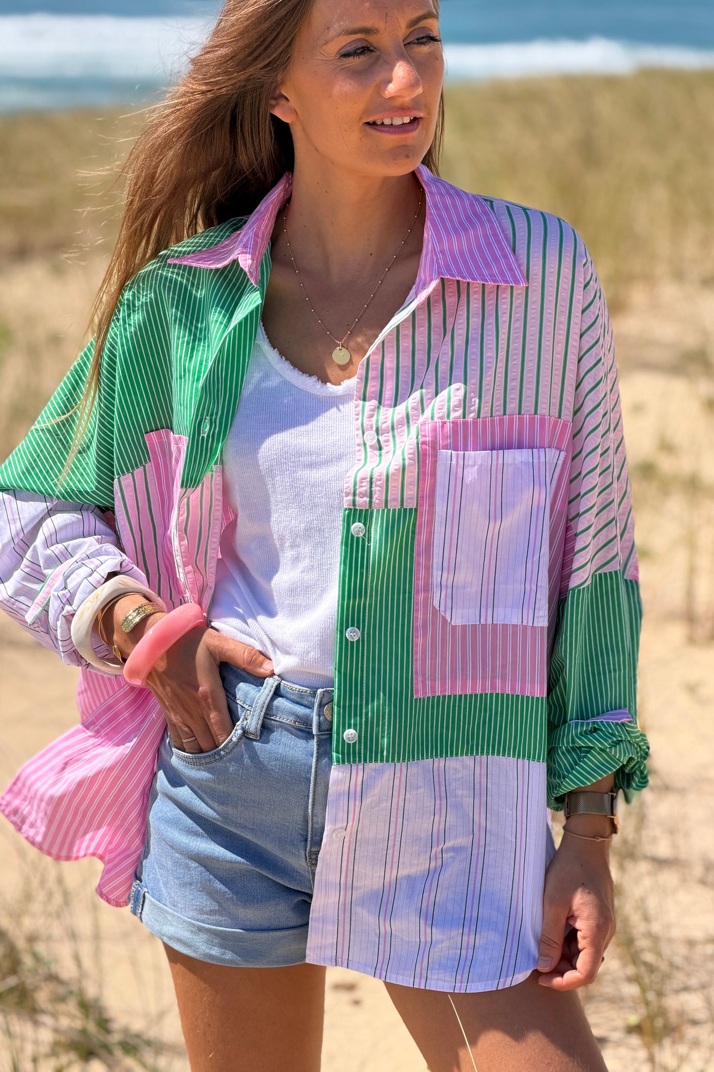 Pink Stripe Patchwork Button-Down Blouse
