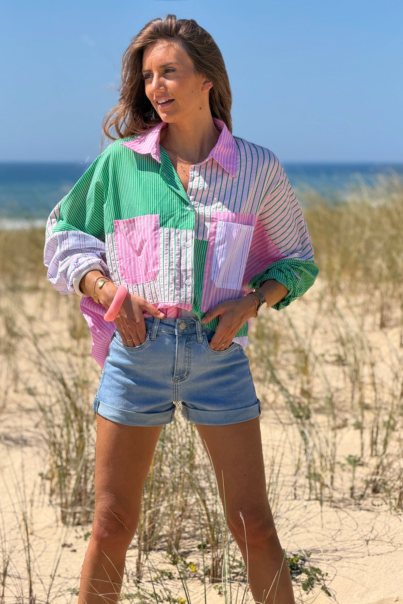 Pink Stripe Patchwork Button-Down Blouse
