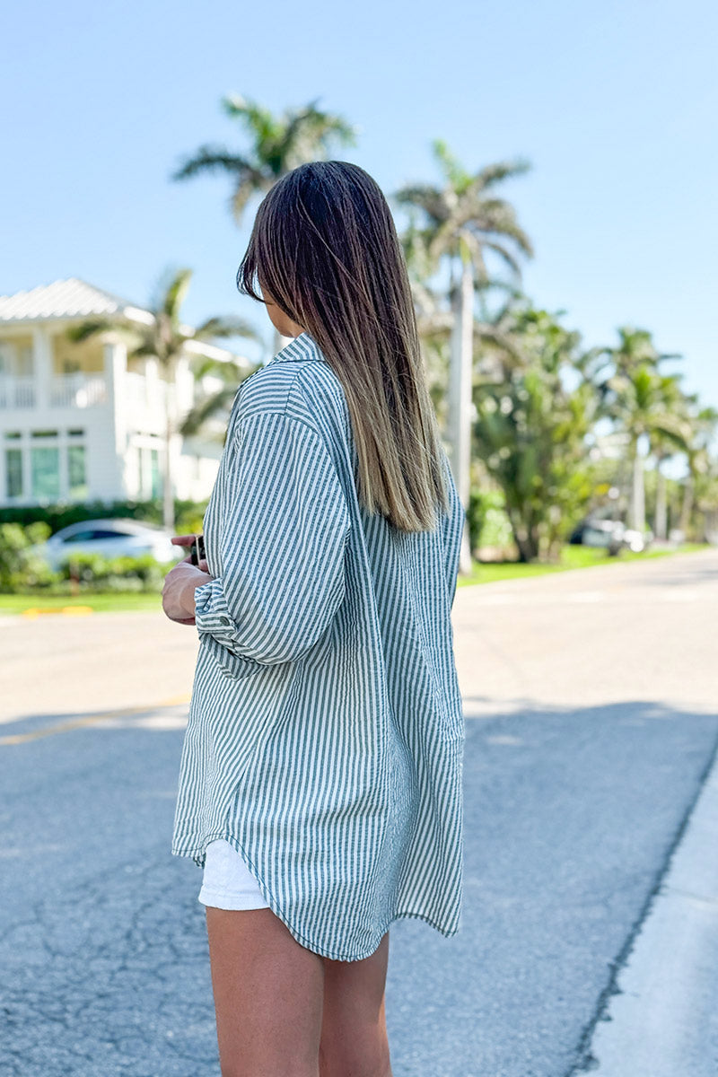 Olive Pinstripe Linen Button-Down 
