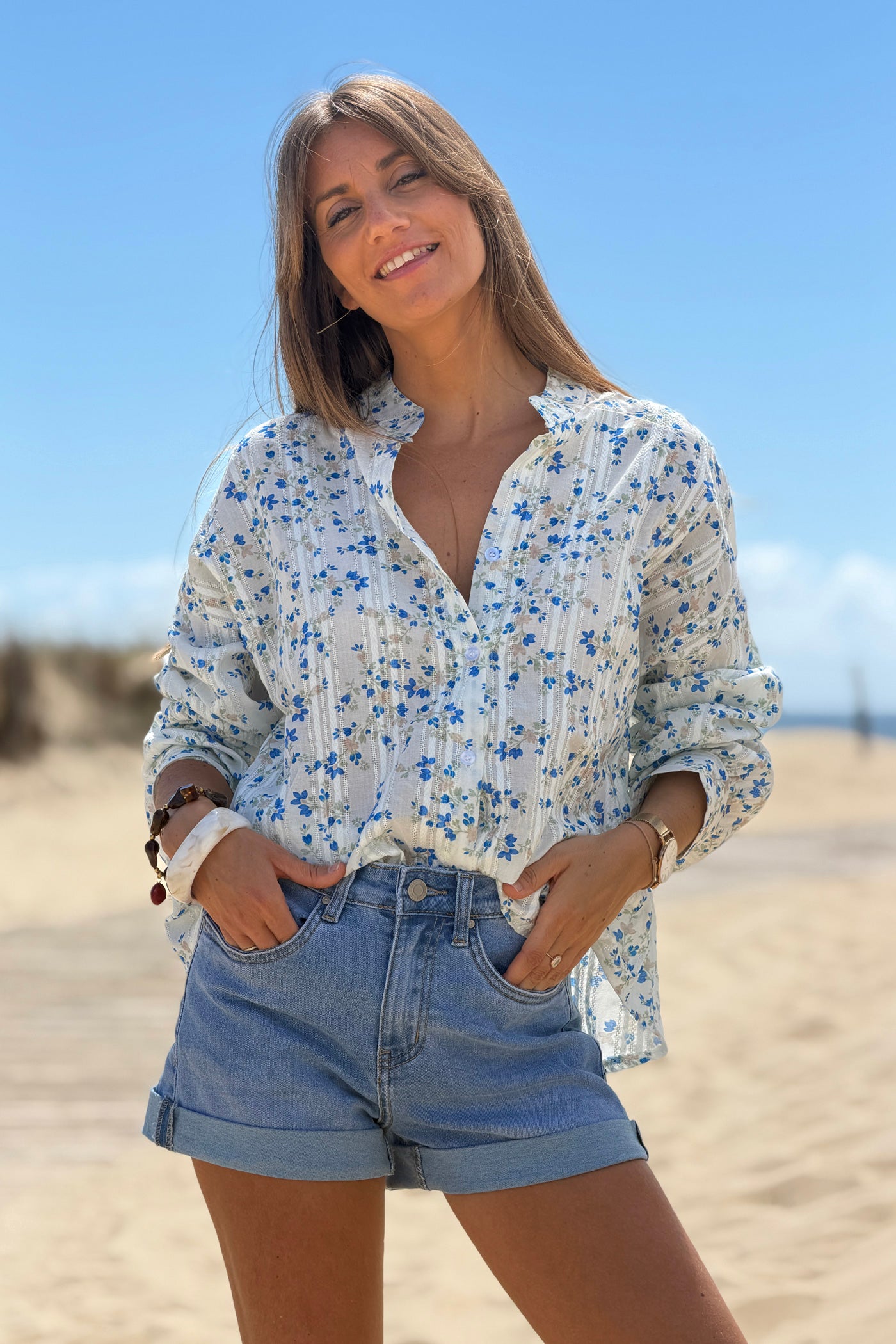 Blue Floral Tapestry Stripe Blouse