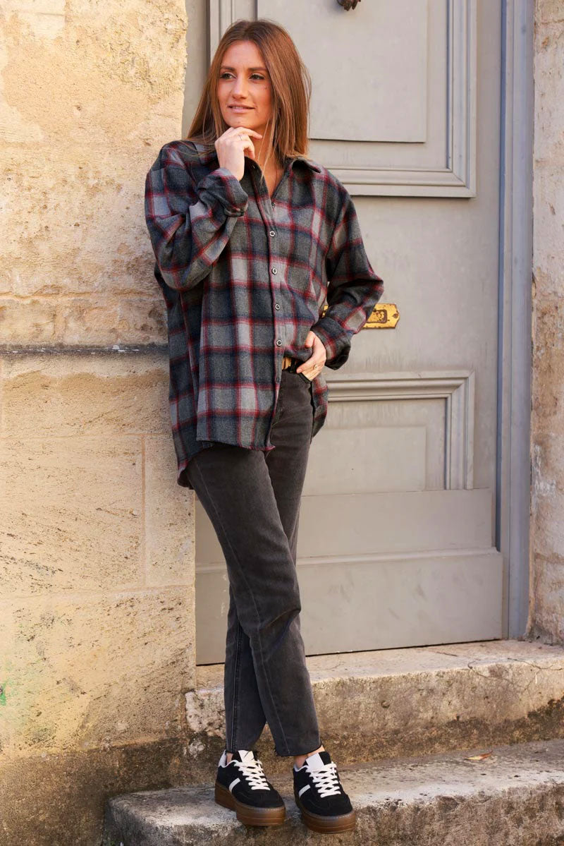 Chemise en flanelle à carreaux gris bleu et rouge toute douce