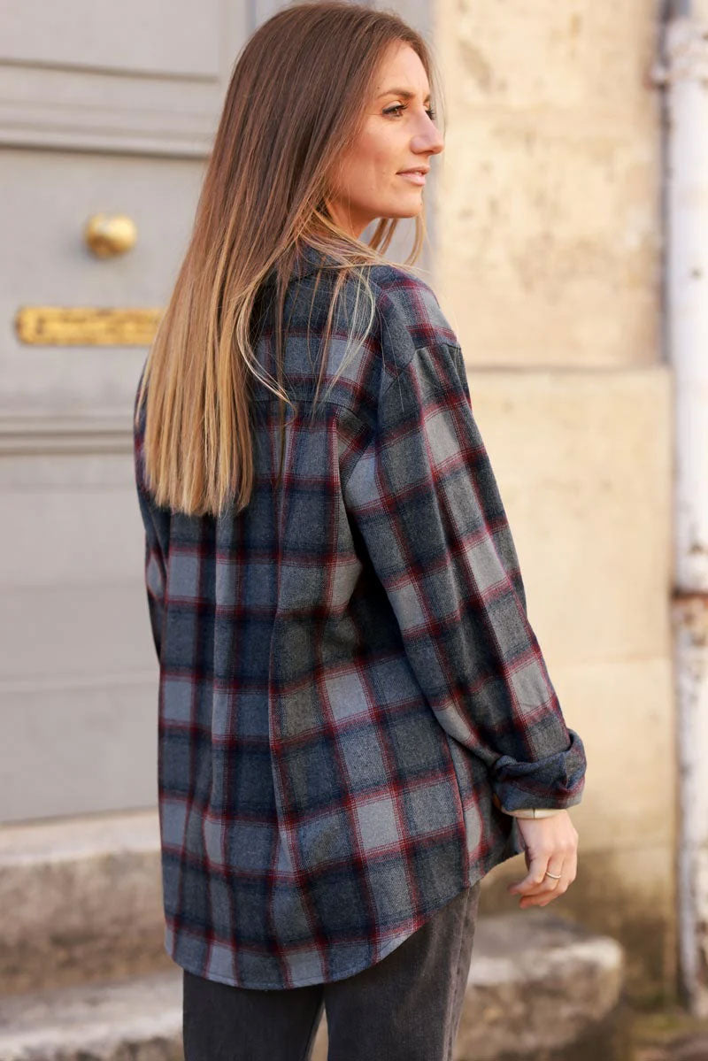 Chemise en flanelle à carreaux gris bleu et rouge toute douce