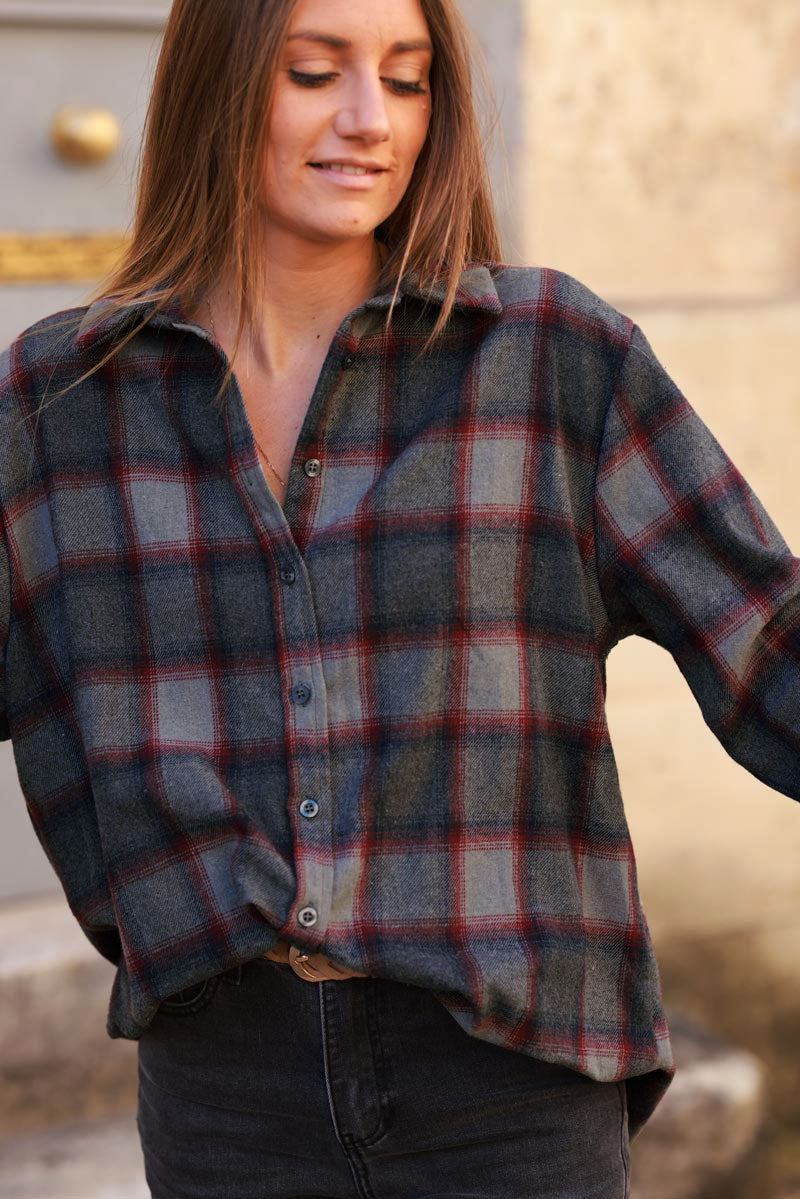 Chemise en flanelle à carreaux gris bleu et rouge toute douce