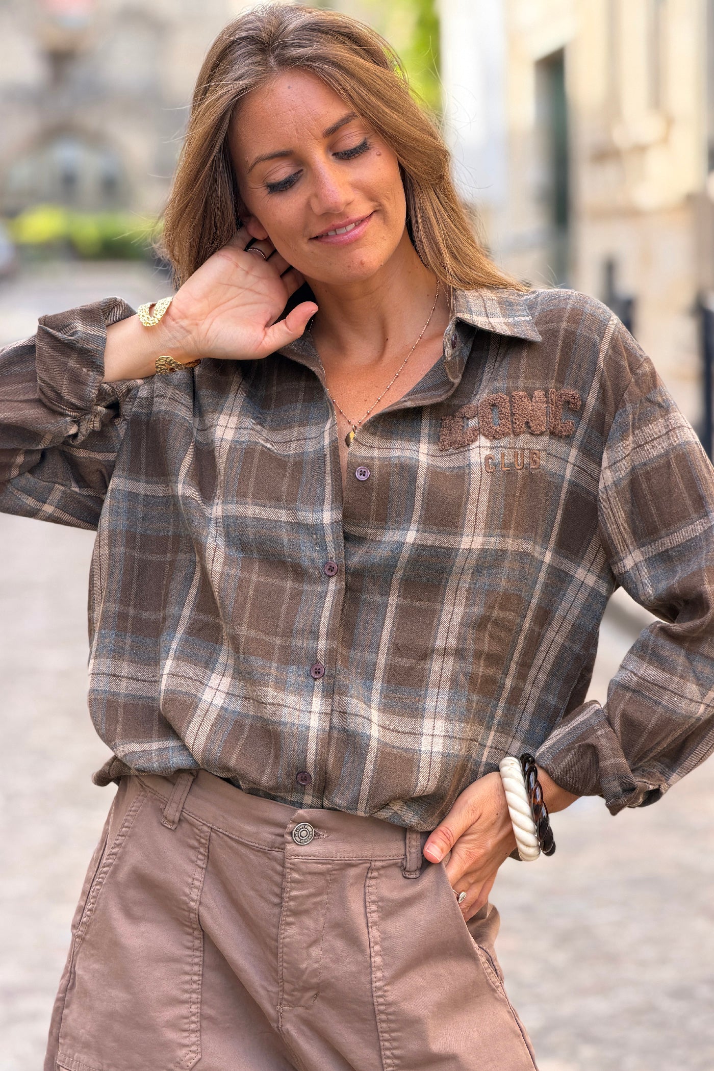 Chemise en flannelle à carreaux marron broderie iconic club