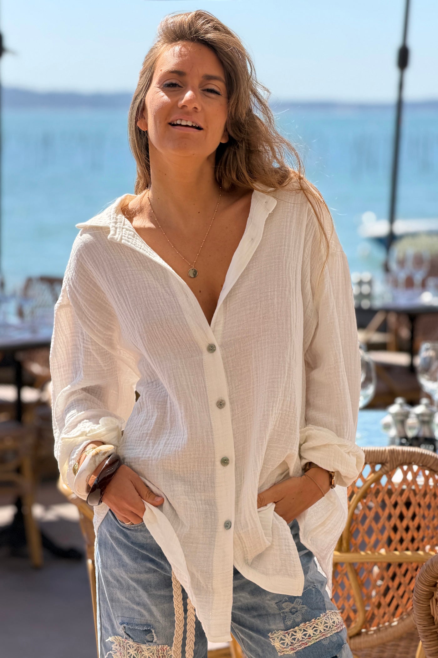 Off White “Capri” Gauze Button-Down Blouse

