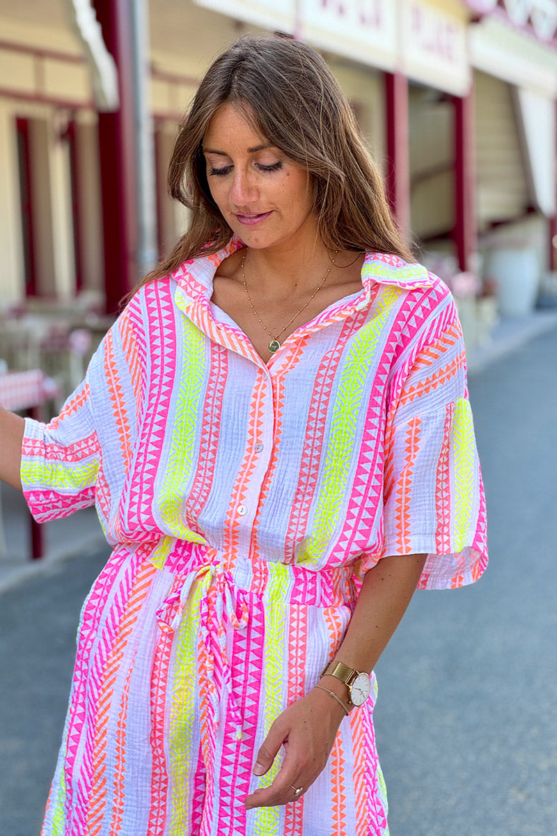 White Gauze Neon Stripe Button-Down Blouse