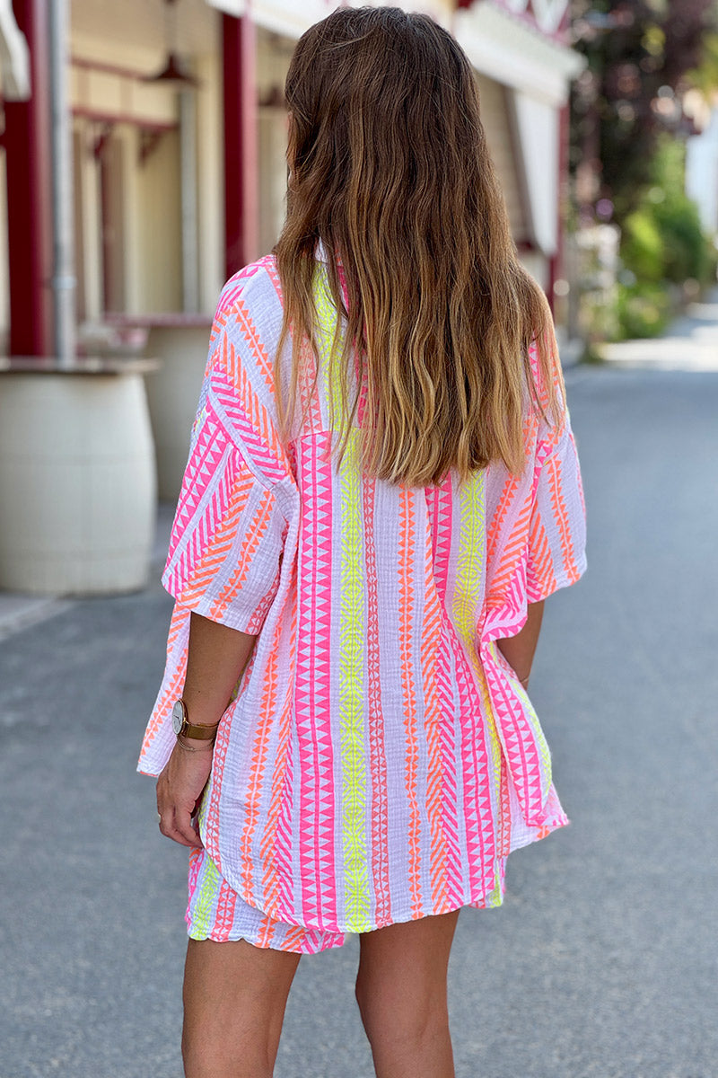 White Gauze Neon Stripe Button-Down Blouse
