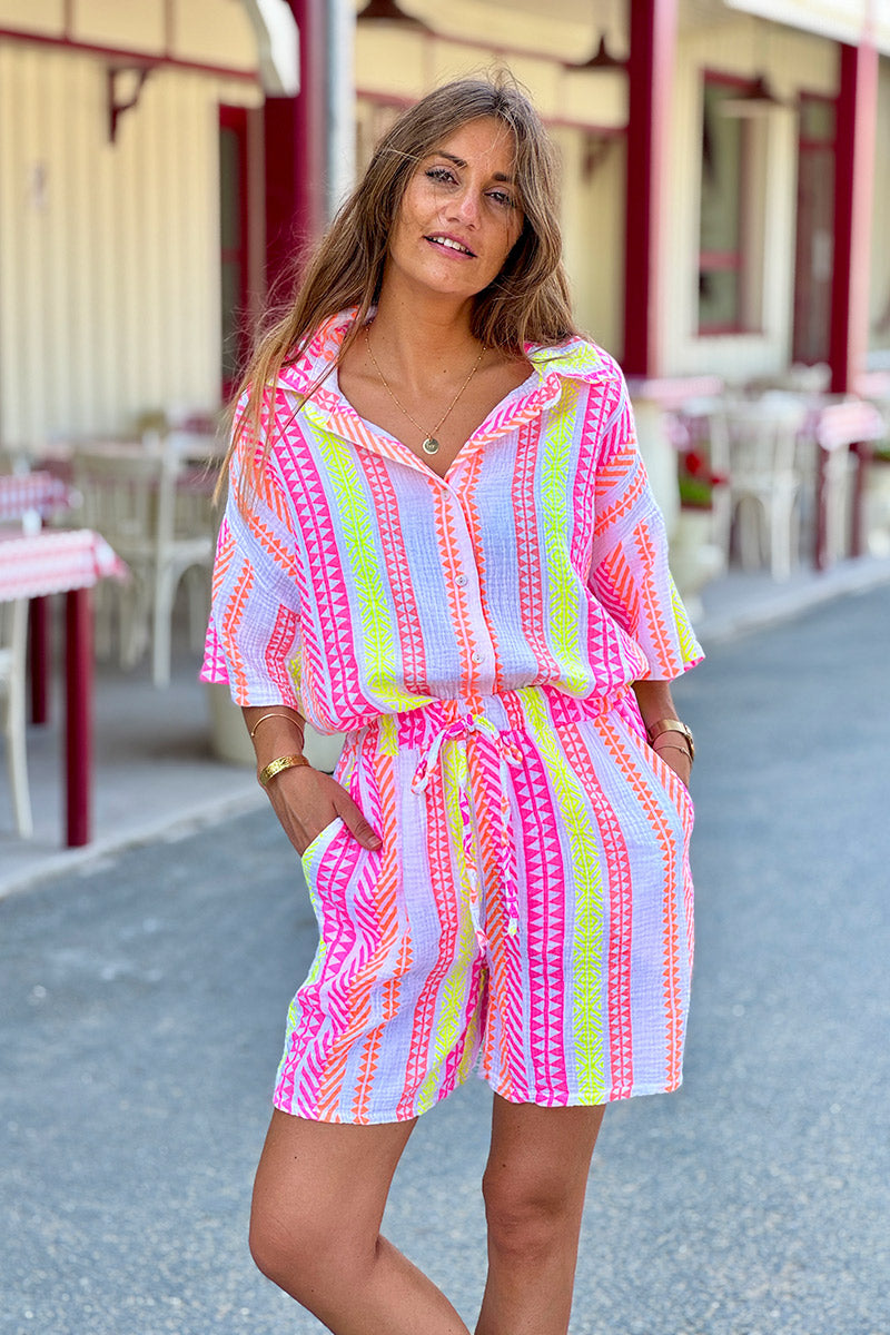 White Gauze Neon Stripe Button-Down Blouse