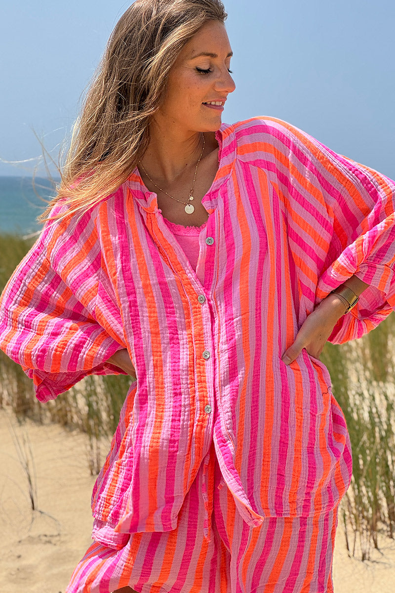 Hot Pink Striped Button-Down Blouse
