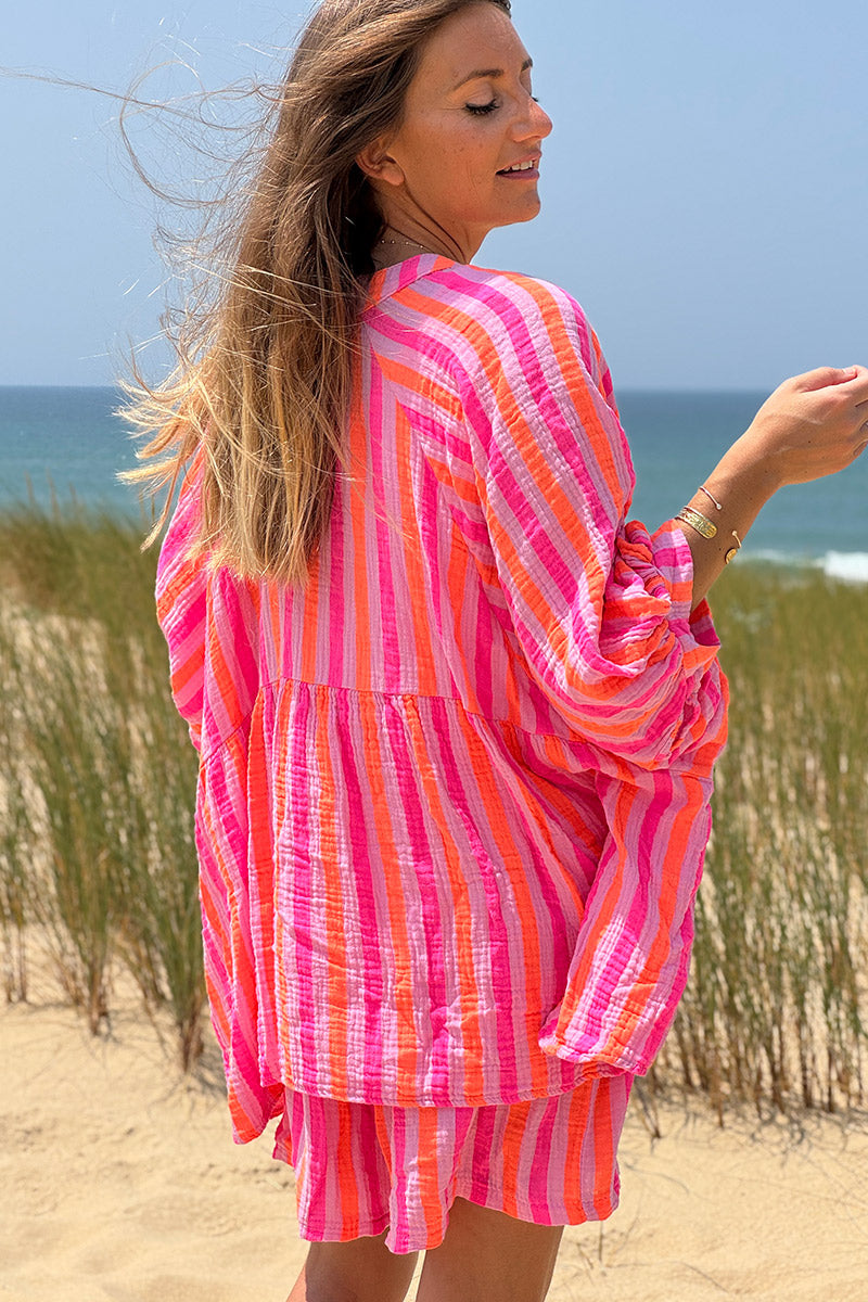Hot Pink Striped Button-Down Blouse
