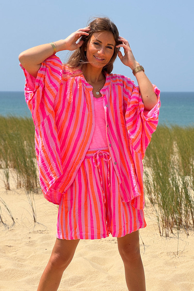 Hot Pink Striped Button-Down Blouse
