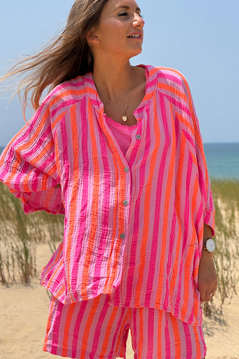 Hot Pink Striped Button-Down Blouse
