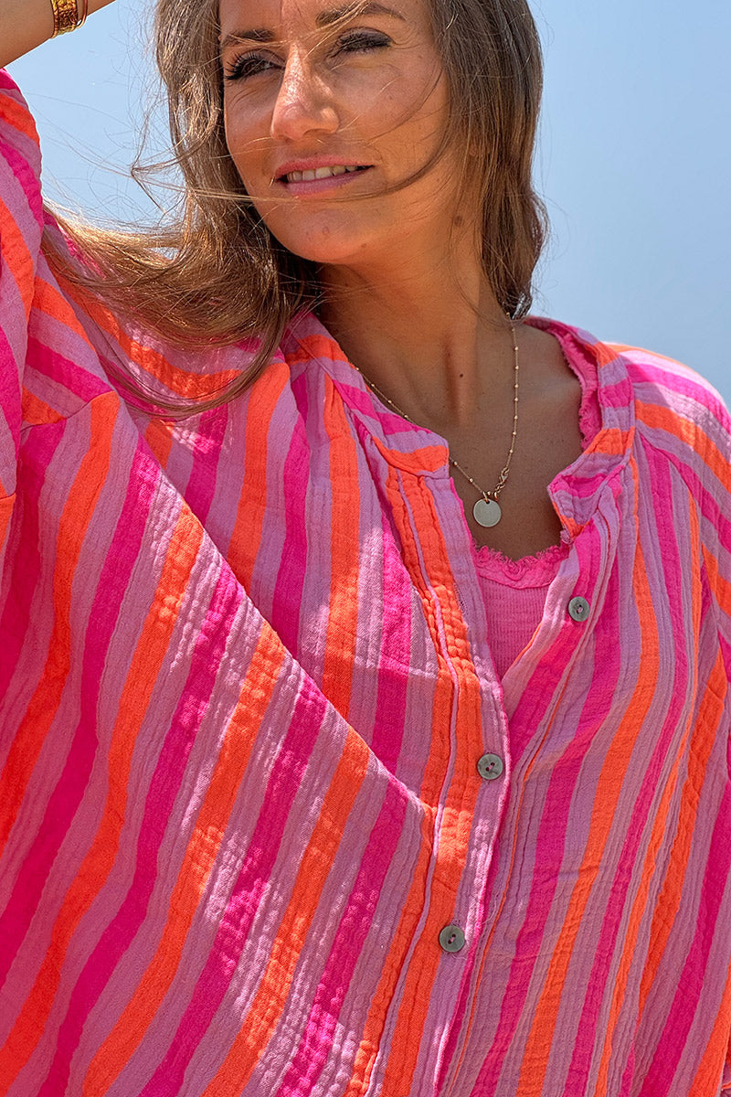 Hot Pink Striped Button-Down Blouse
