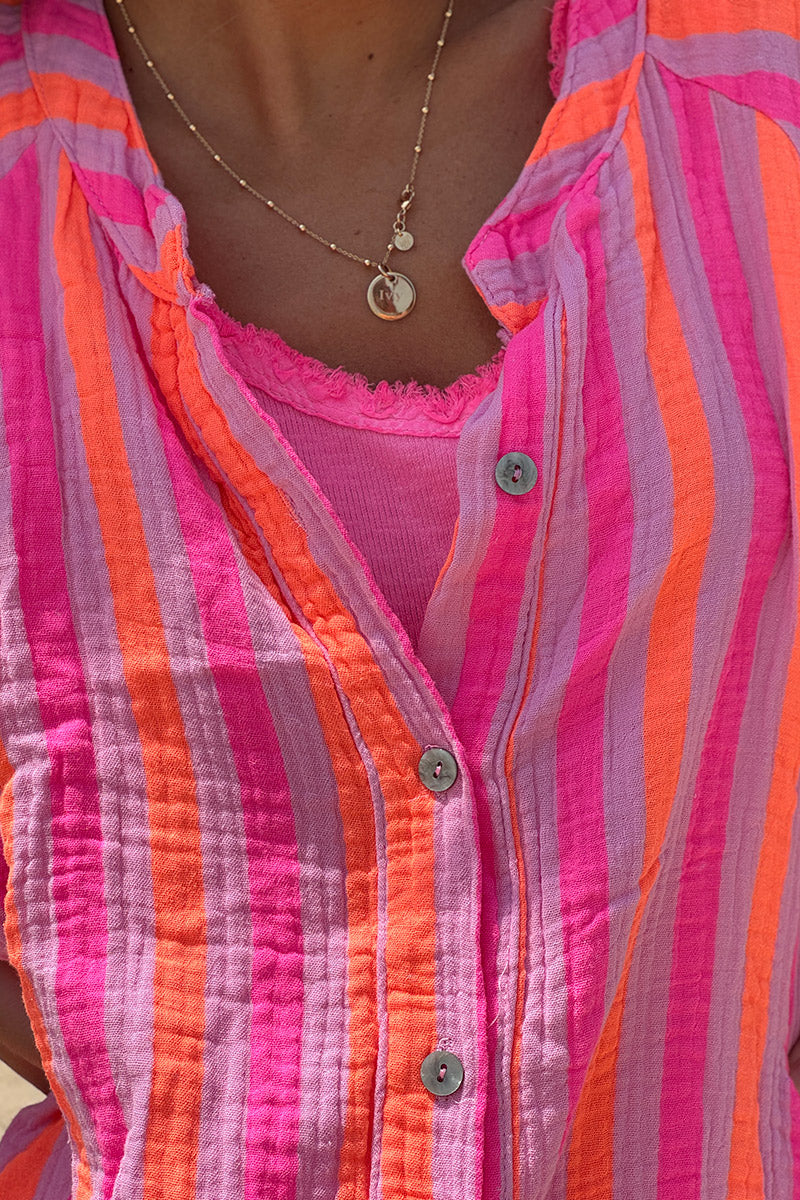 Hot Pink Striped Button-Down Blouse
