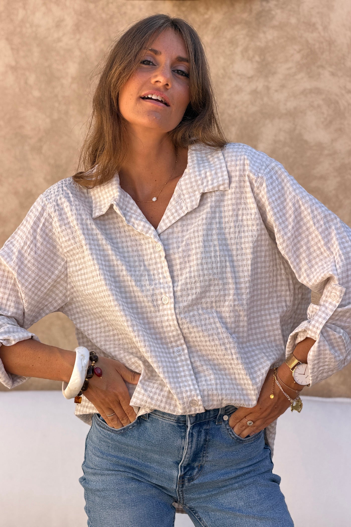 Chemise en seersucker large et stretch carreaux vichy beige