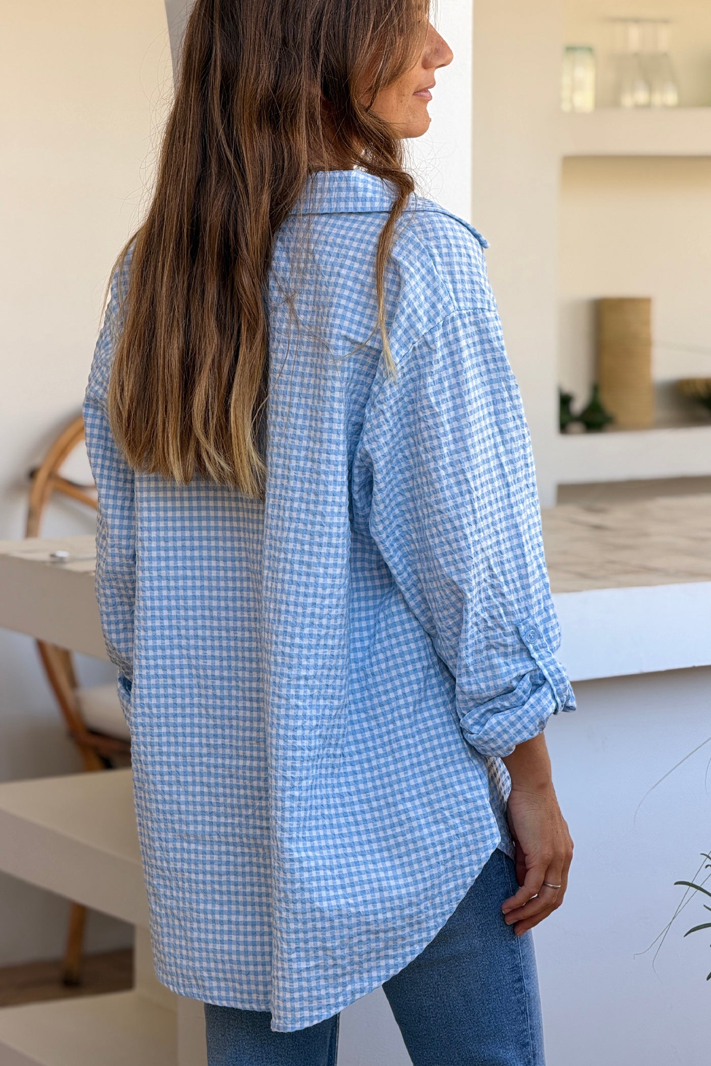 Chemise en seersucker large et stretch carreaux vichy bleu