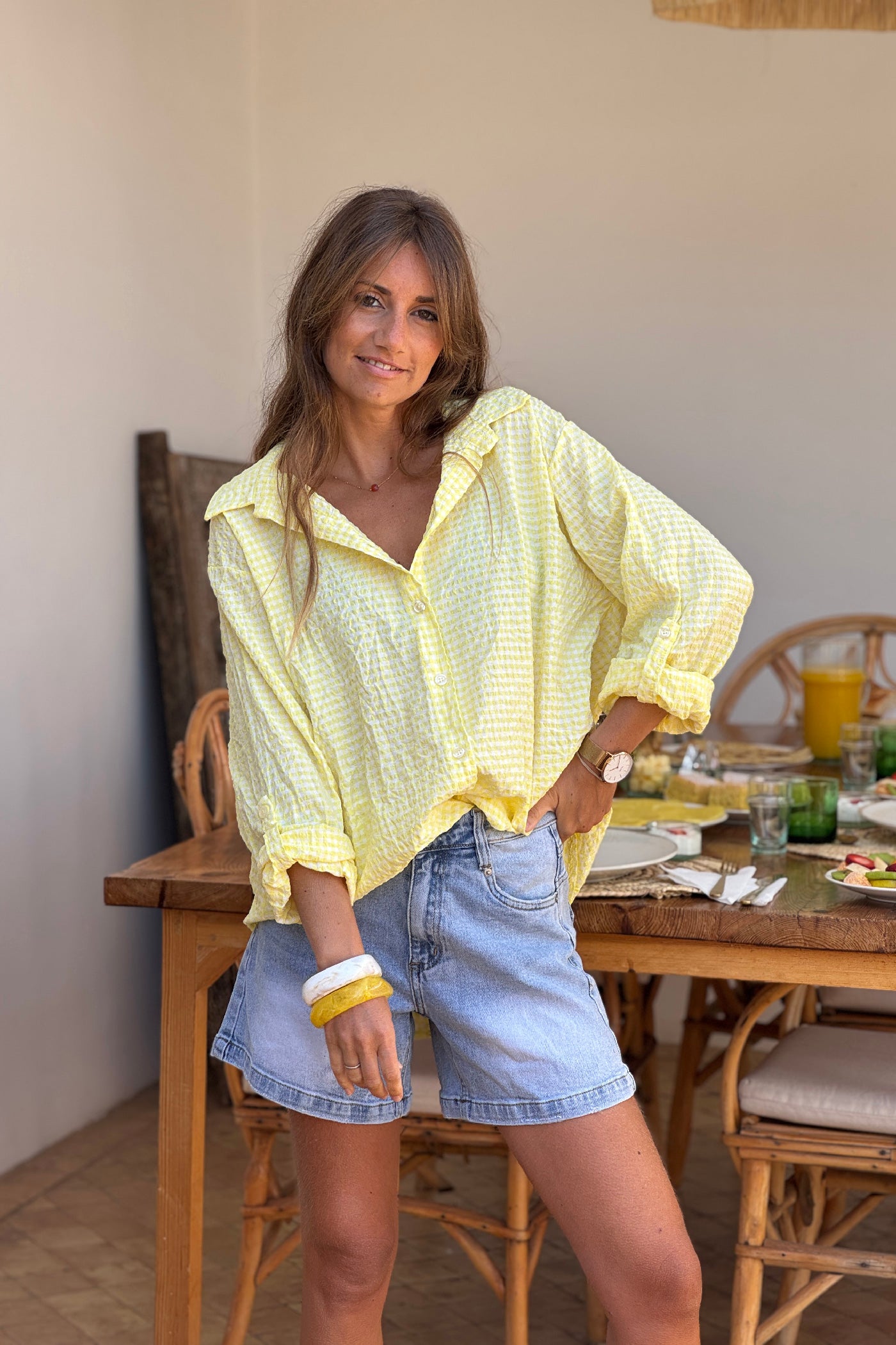Chemise en seersucker large et stretch carreaux vichy jaune