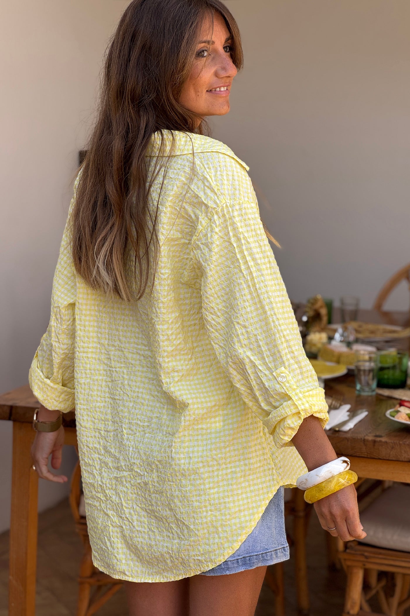 Chemise en seersucker large et stretch carreaux vichy jaune