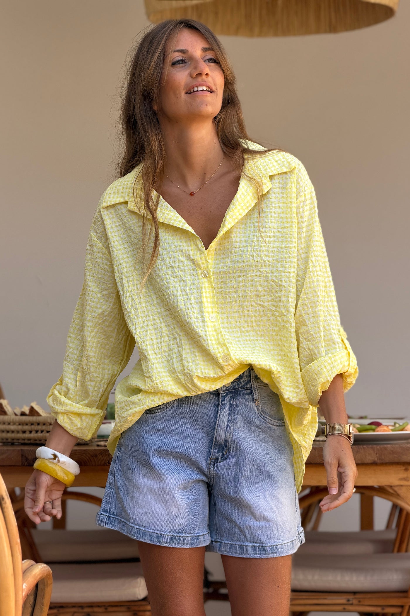 Chemise en seersucker large et stretch carreaux vichy jaune
