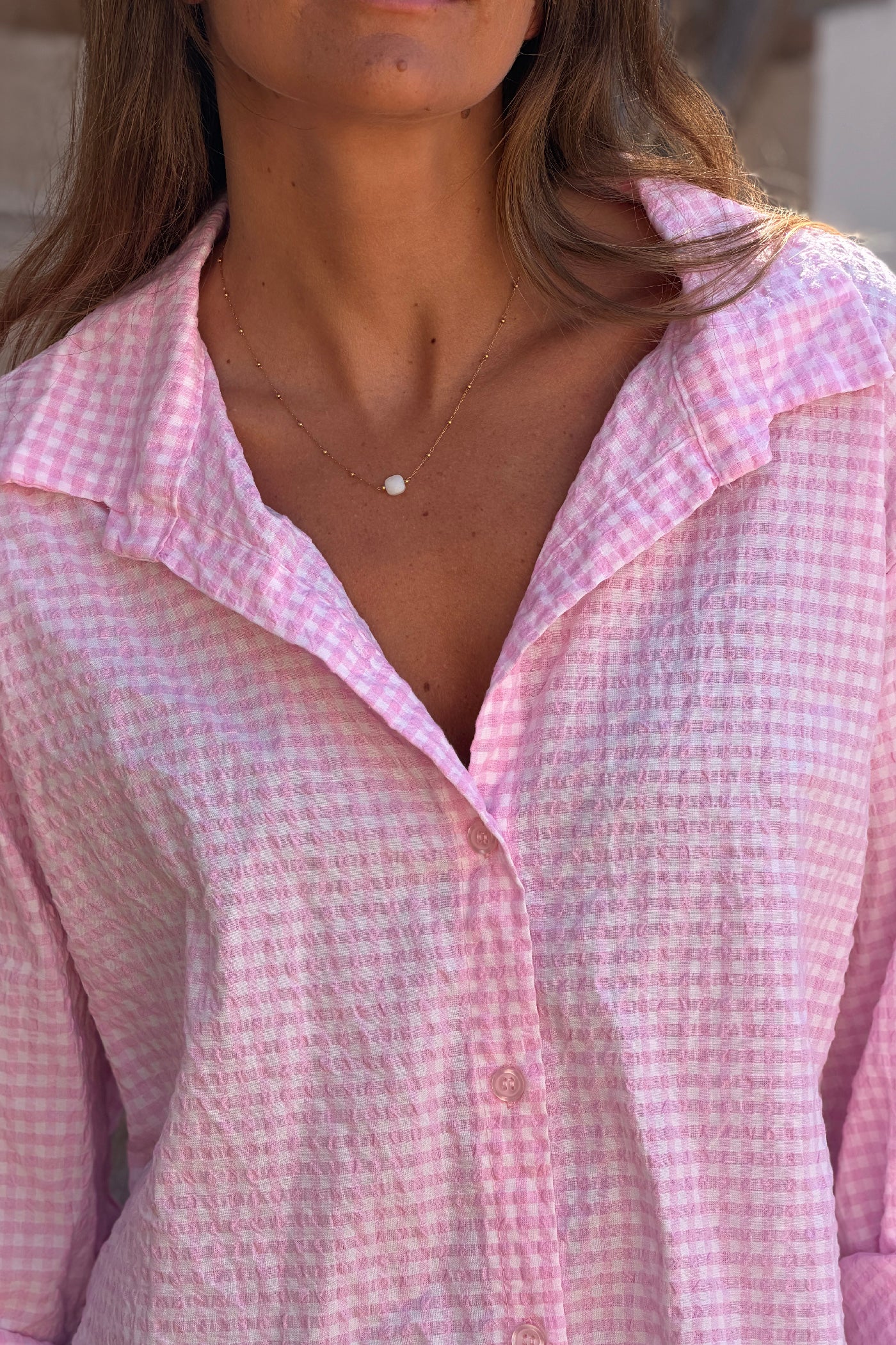 Light Pink Gingham Crinkle Gauze Blouse