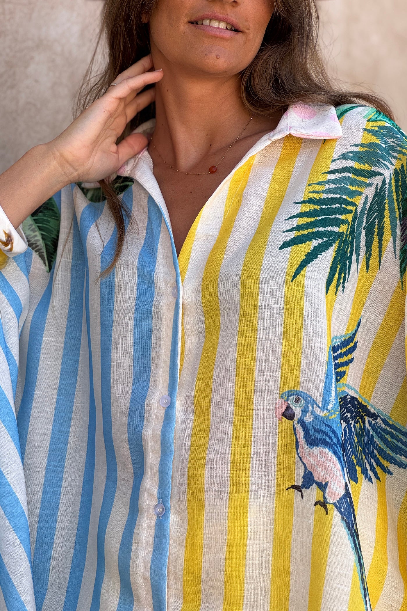 Chemise extra large rayures trio coloré perroquets et palmes
