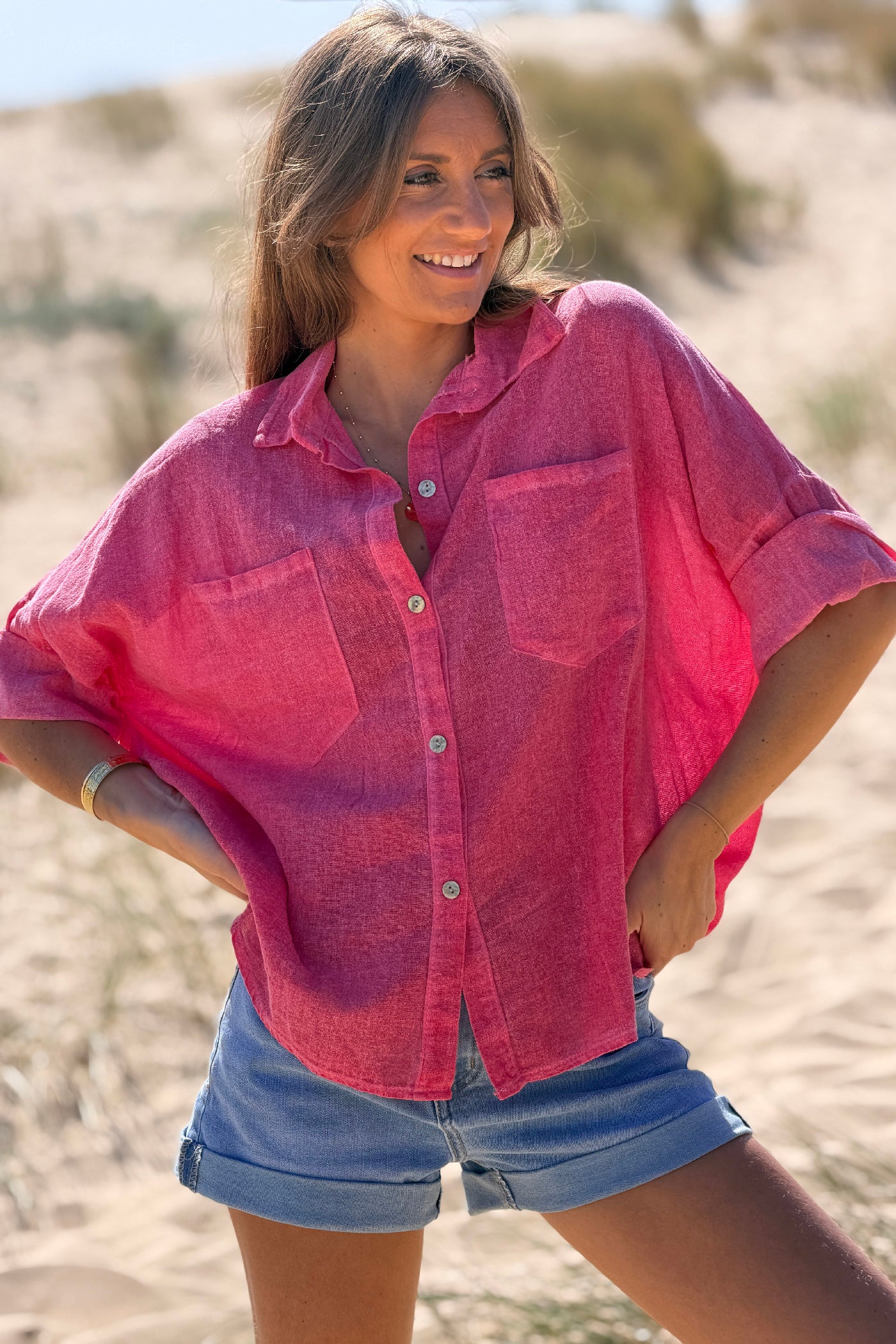 Chemise framboise délavé souple en coton manches 3/4 et grandes poches